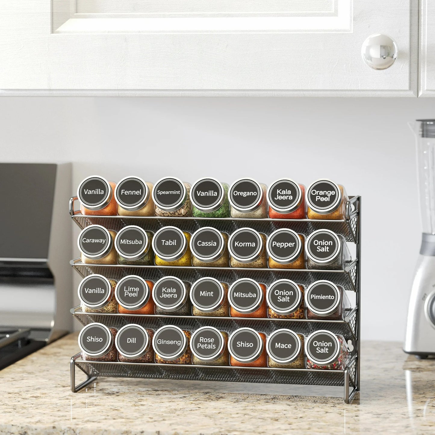LunaLulinlk Spice Rack Organizer with 32 Jars, 4.4"D x 15.3"W x 10.8"H, Black