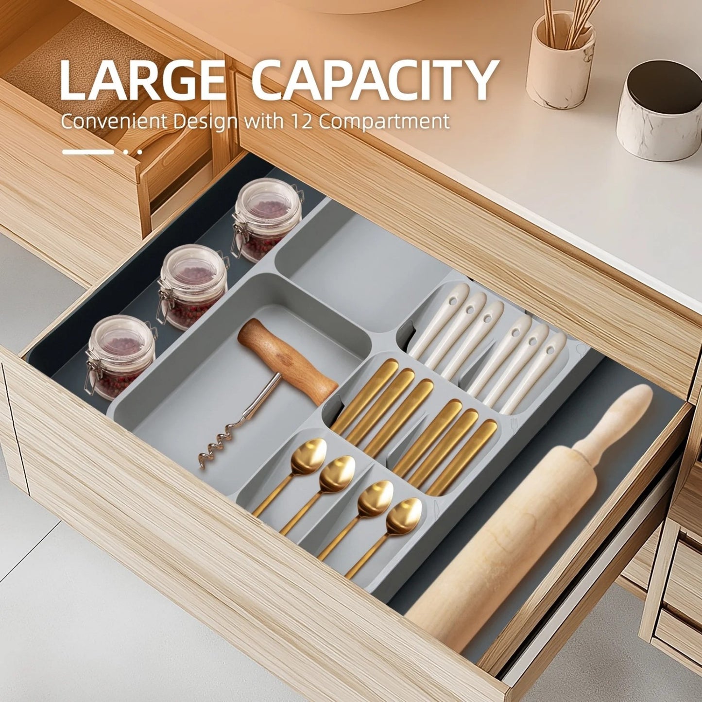LunaLulinlk Silverware Drawer Organizer, Expandable Utensil Organizer for Kitchen Drawers, Adjustable Cutlery, Compact Drawer Divider