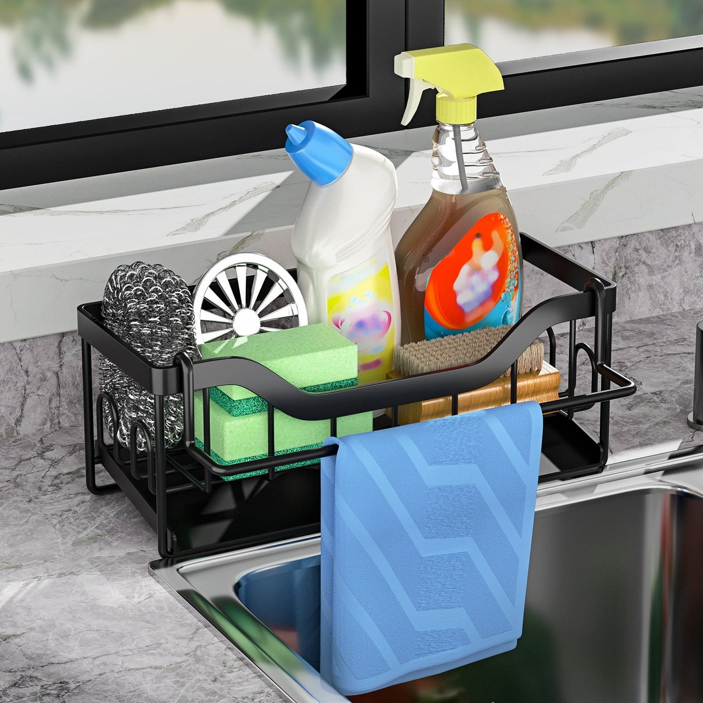 LunaLulinlk Space-Saving Kitchen Sink Rack - Wall-Mounted Dish Cloth & Sponge Holder (Black)