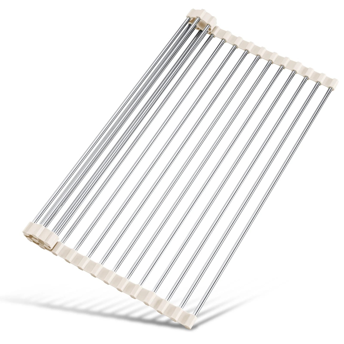 LunaLulinlk Stainless Steel Roll-Up Dish Drying Rack Marble Color Silicone Edges, Foldable Kitchen Rack Heat Resistant Trivet (17.7"x12.5"),White