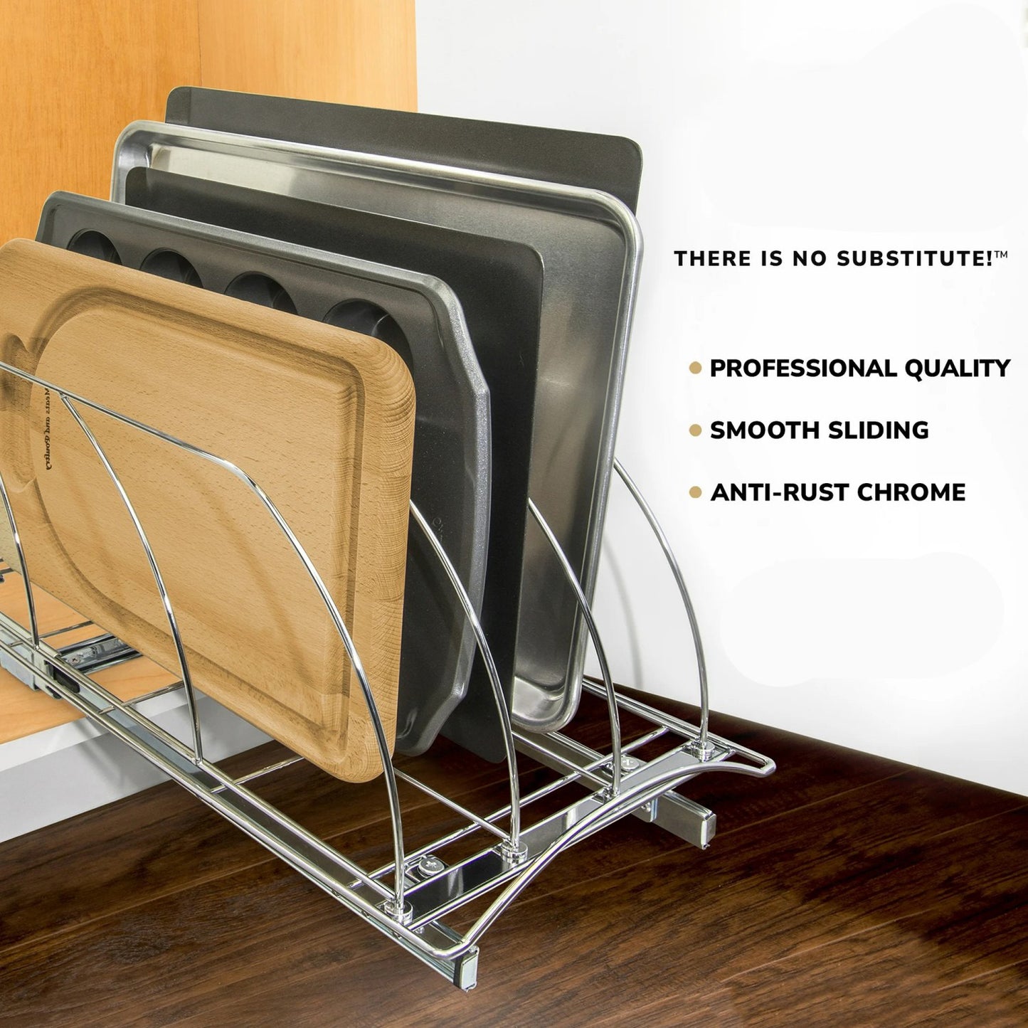 LunaLulinlk Slide Out Cutting Board, Cookie Sheet, and Baking Pan Organizer - Pull Out Kitchen Cabinet Organizer - Chrome