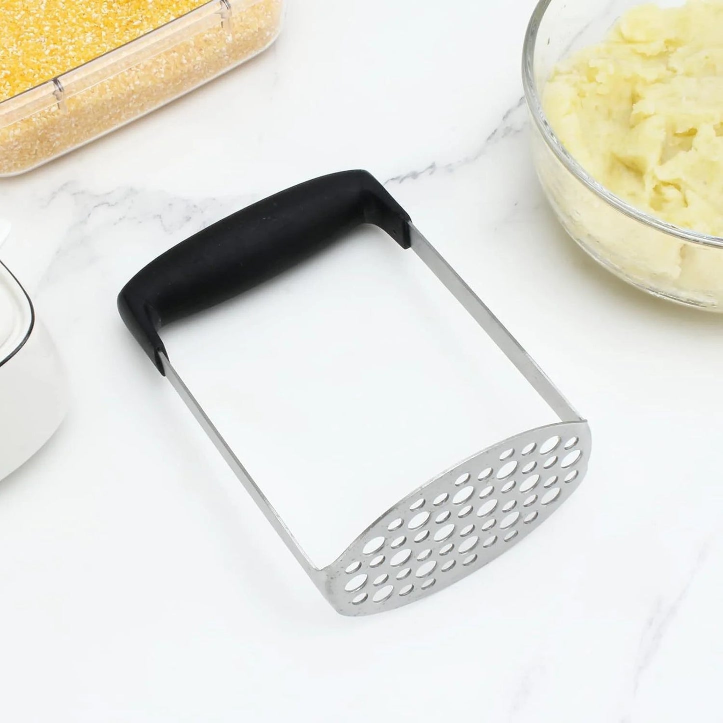 LunaLulinlk Stainless Steel Masher, Broad and Ergonomic Horizontal, Fine Plate for Smooth Mashed Potatoes, Soft Grip and Non-Slip Handle, Black