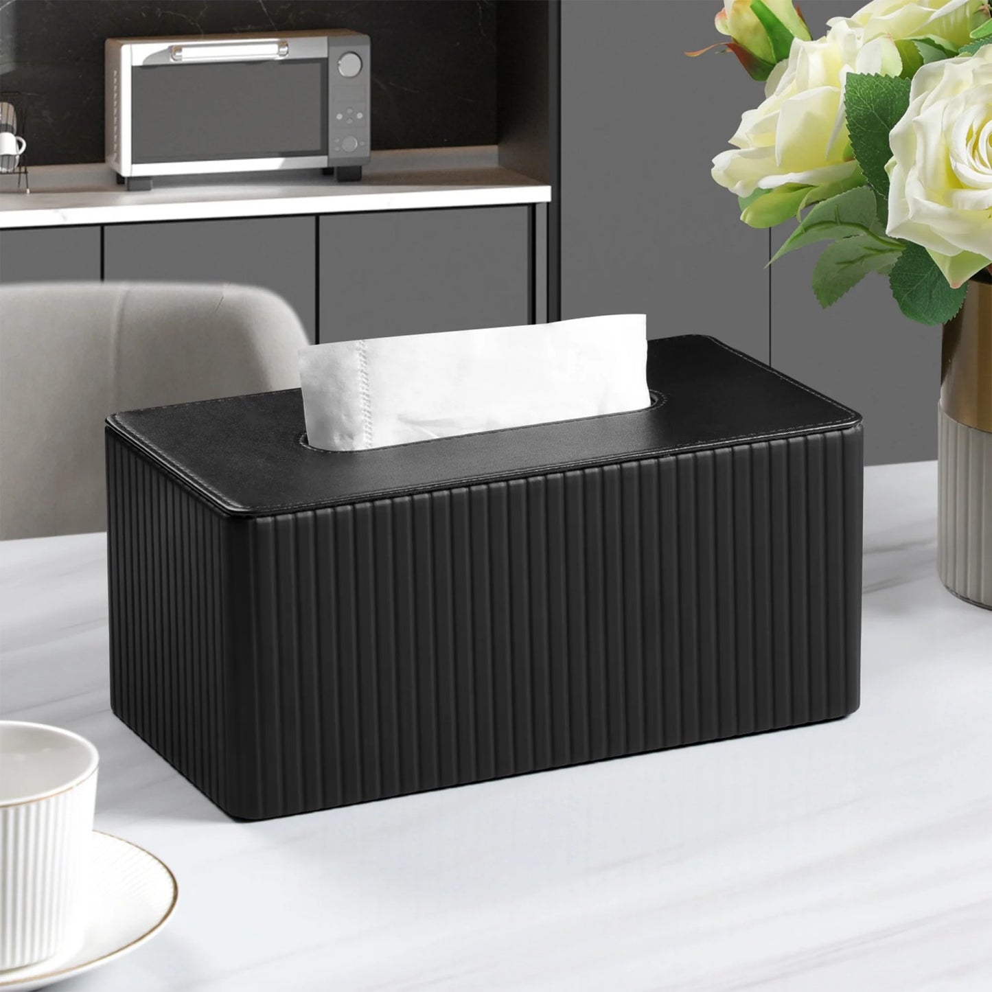 LunaLulinlk Stylish PU Leather Rectangular Tissue Box Holder with Magnetic Bottom Cover for Bedroom or Office (in Black Stria)