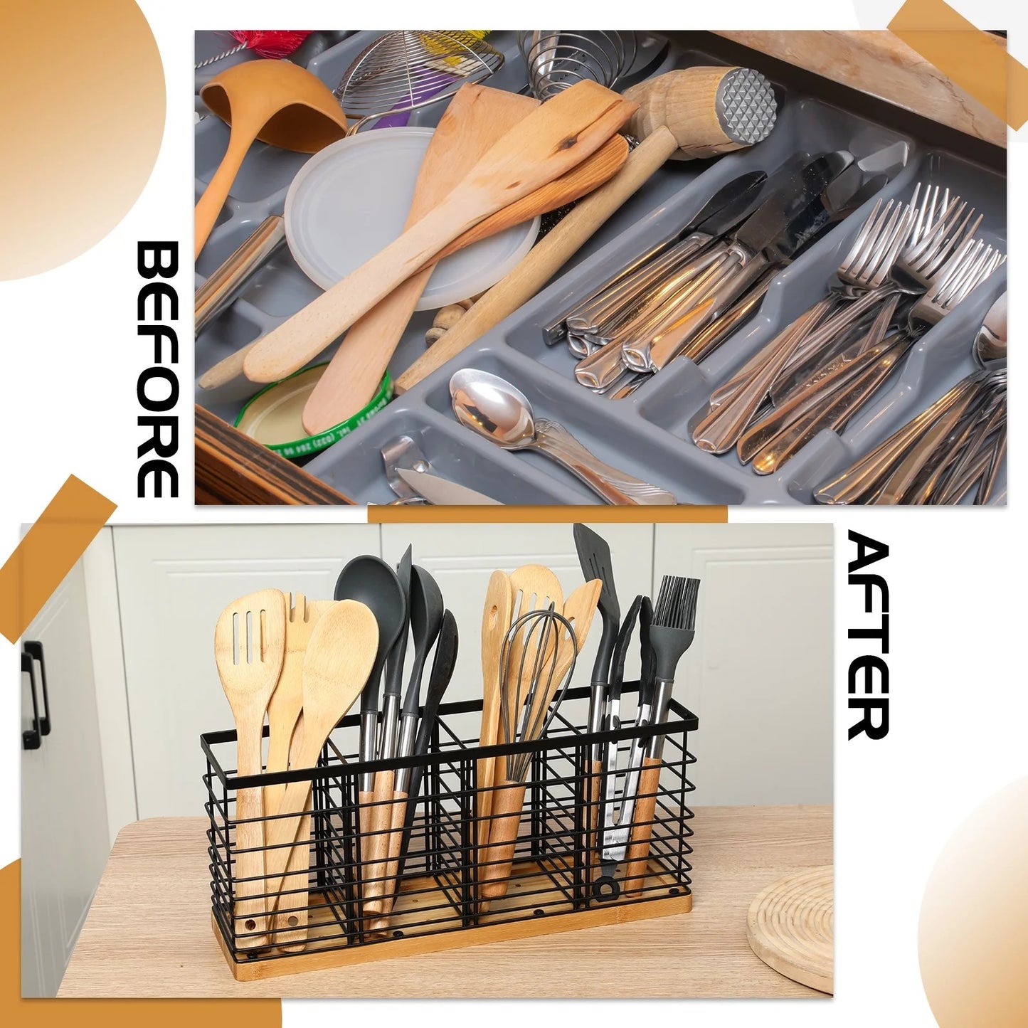 LunaLulinlk Utensil Holder for Kitchen Counter, 4 Compartments, Matte Black Metal Cooking Utensil Organizer with Wooden Base for Kitchen Countertop