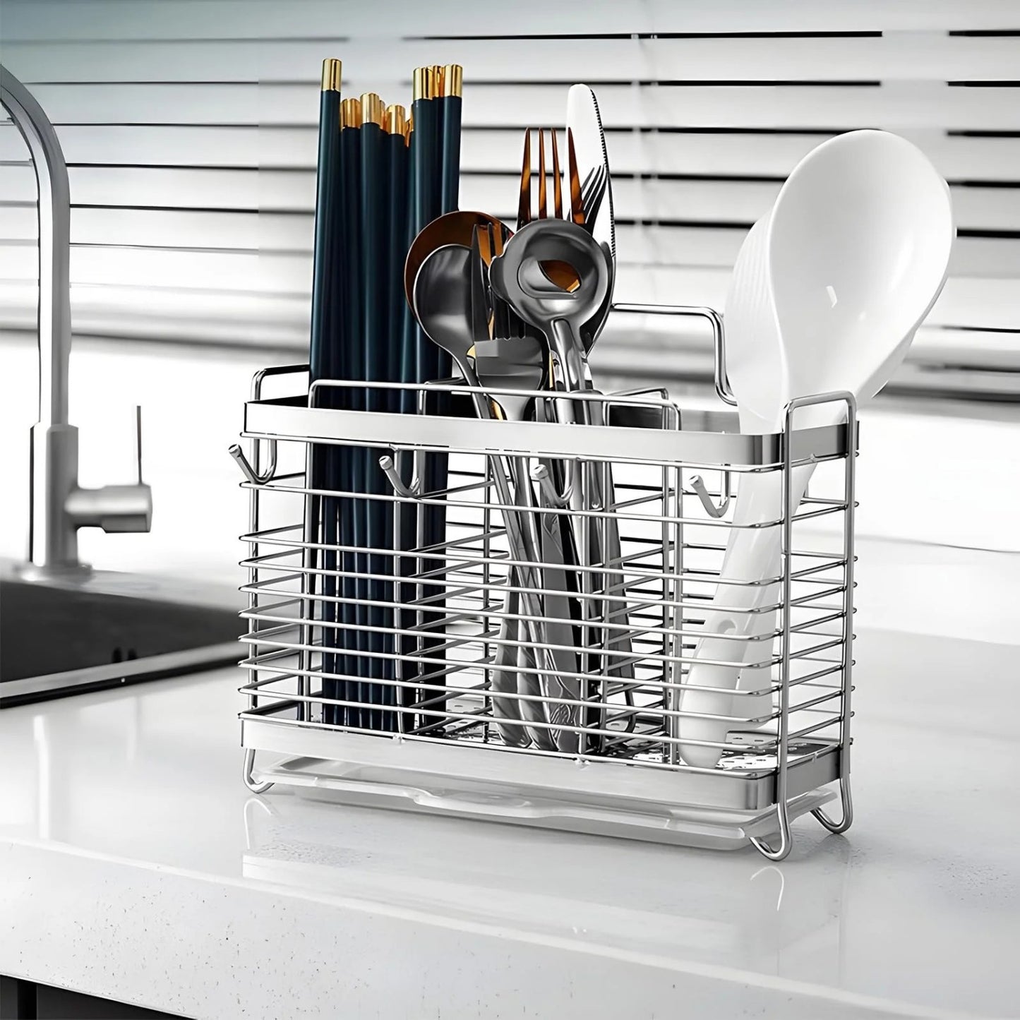 LunaLulinlk Utensil Holder for Kitchen Counter, Stainless Steel Utensil Drying Rack for Countertop with 3 Compartments, Drain Tray