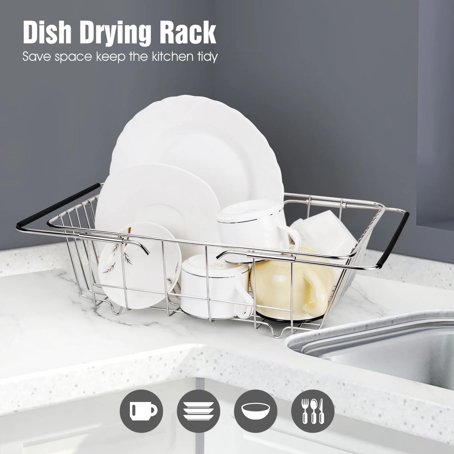 LunaLulinlk Stainless Steel Dish Drainer Plate Rack, Extendable Dish Drying Rack Basket for Fruits Vegetables Pots Bowls Plates and Kitchen Utensils