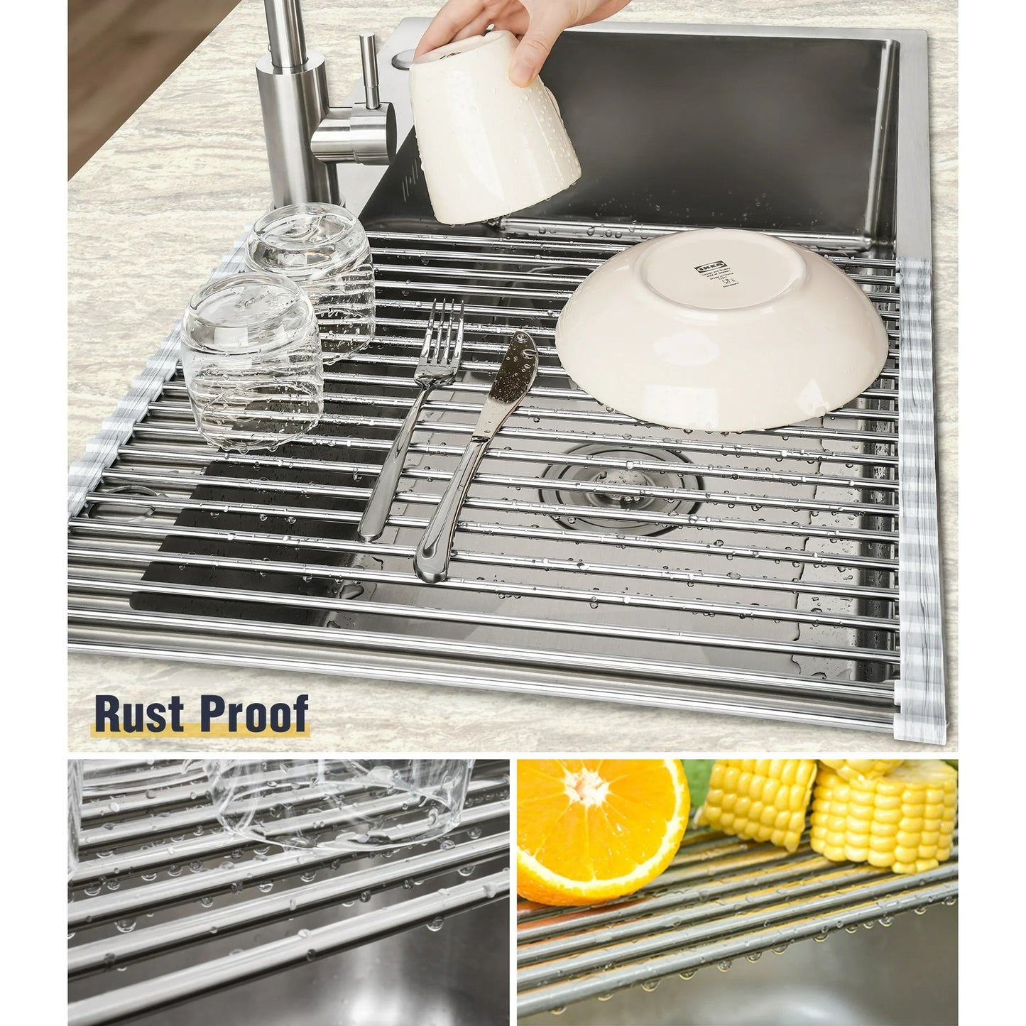 LunaLulinlk Stainless Steel Roll-Up Dish Drying Rack Marble Color Silicone Edges, Foldable Kitchen Rack Heat Resistant Trivet (17.7"x12.5"),Marble