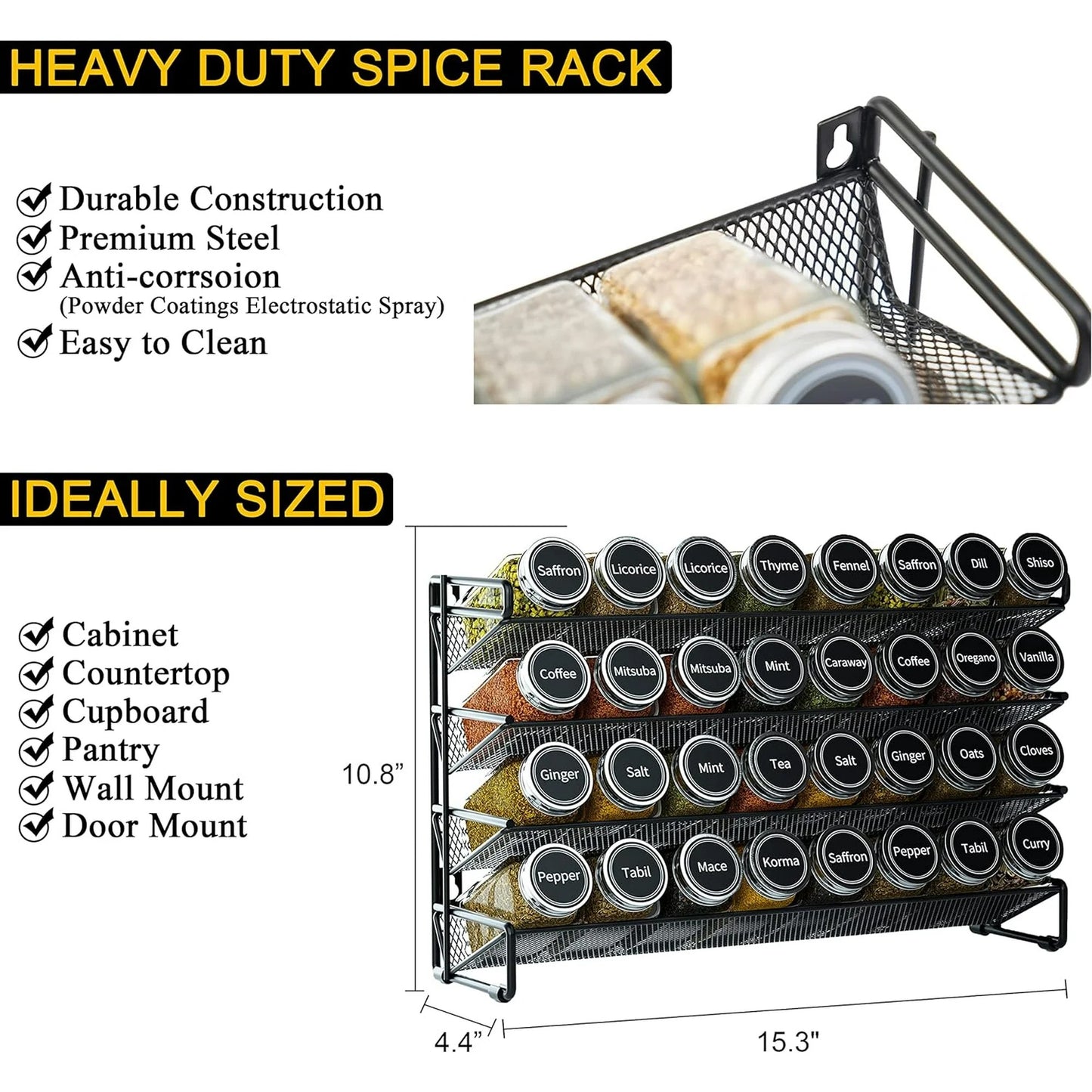 LunaLulinlk Spice Rack Organizer with 36 Jars, 4.4"D x 17.2"W x 10.8"H, Black