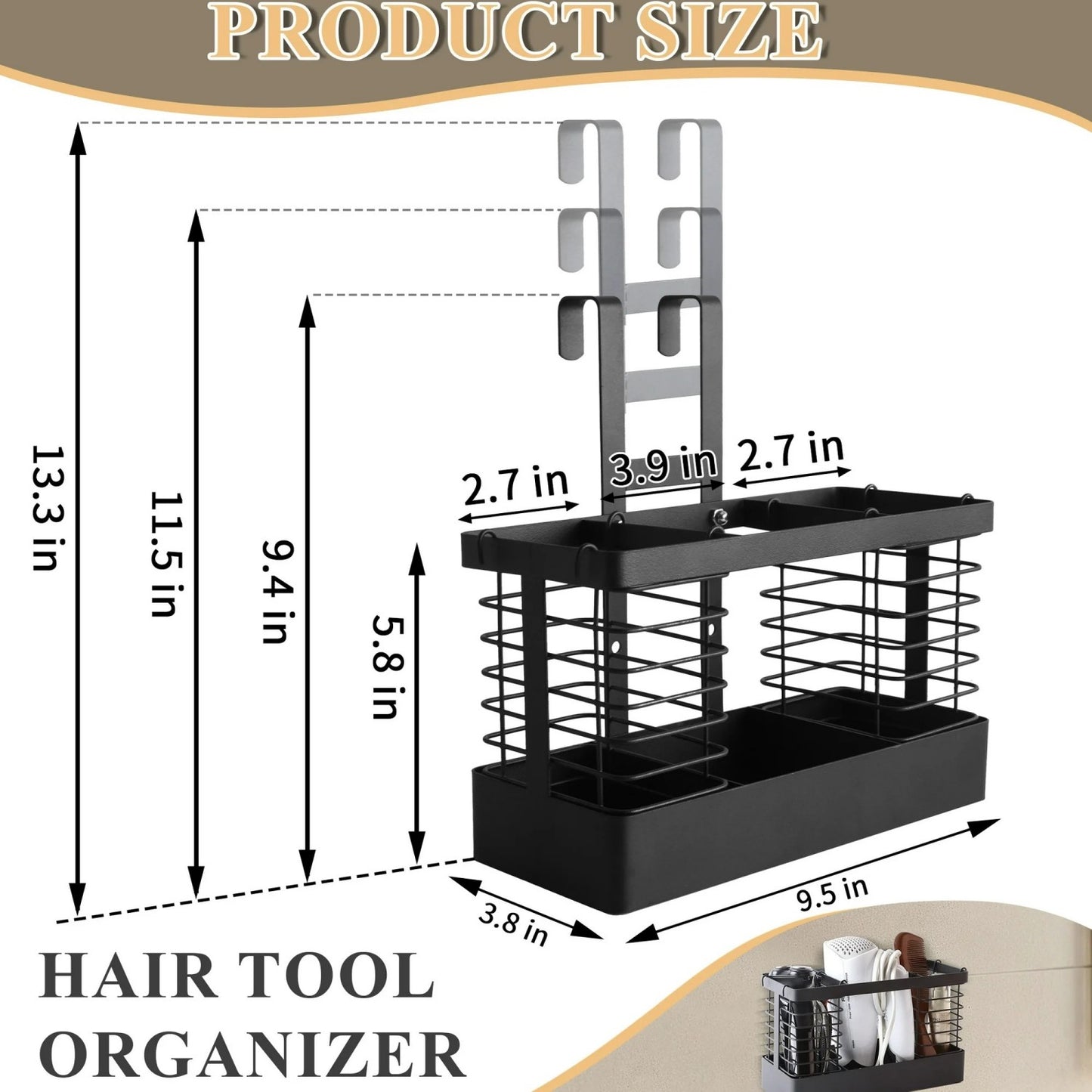 LunaLulinlk Tool Organizer, 3-in-1 Hair Dryer Holder Metal Bathroom Organizer Wall Mount Cabinet Door for Hair Dryer, Curling Iron, Makeup, Black