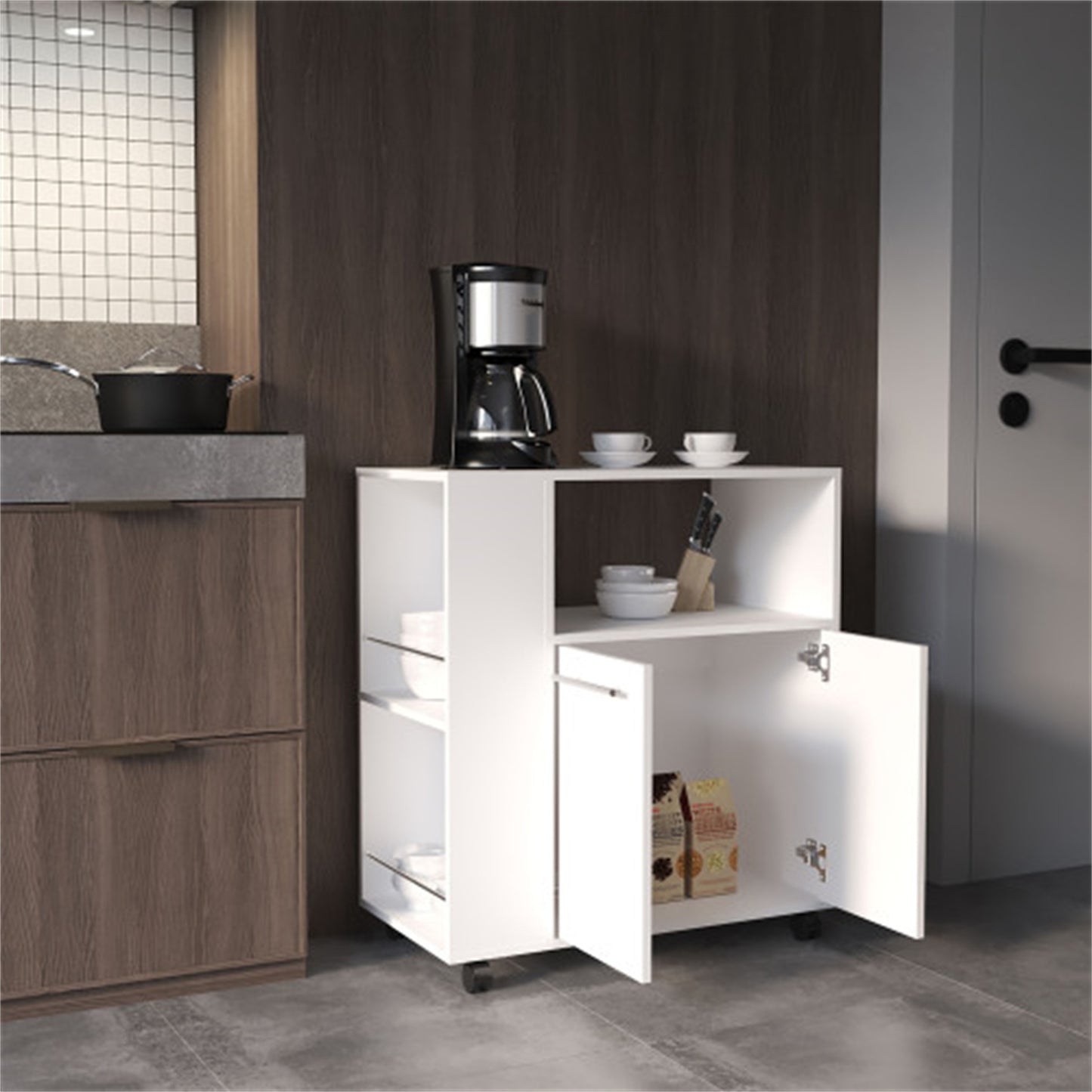LunaLulinlk Two-Door Kitchen Base Cabinet Cart with four Shelves, Side Shelves, Cabinet, Kitchen Storage White