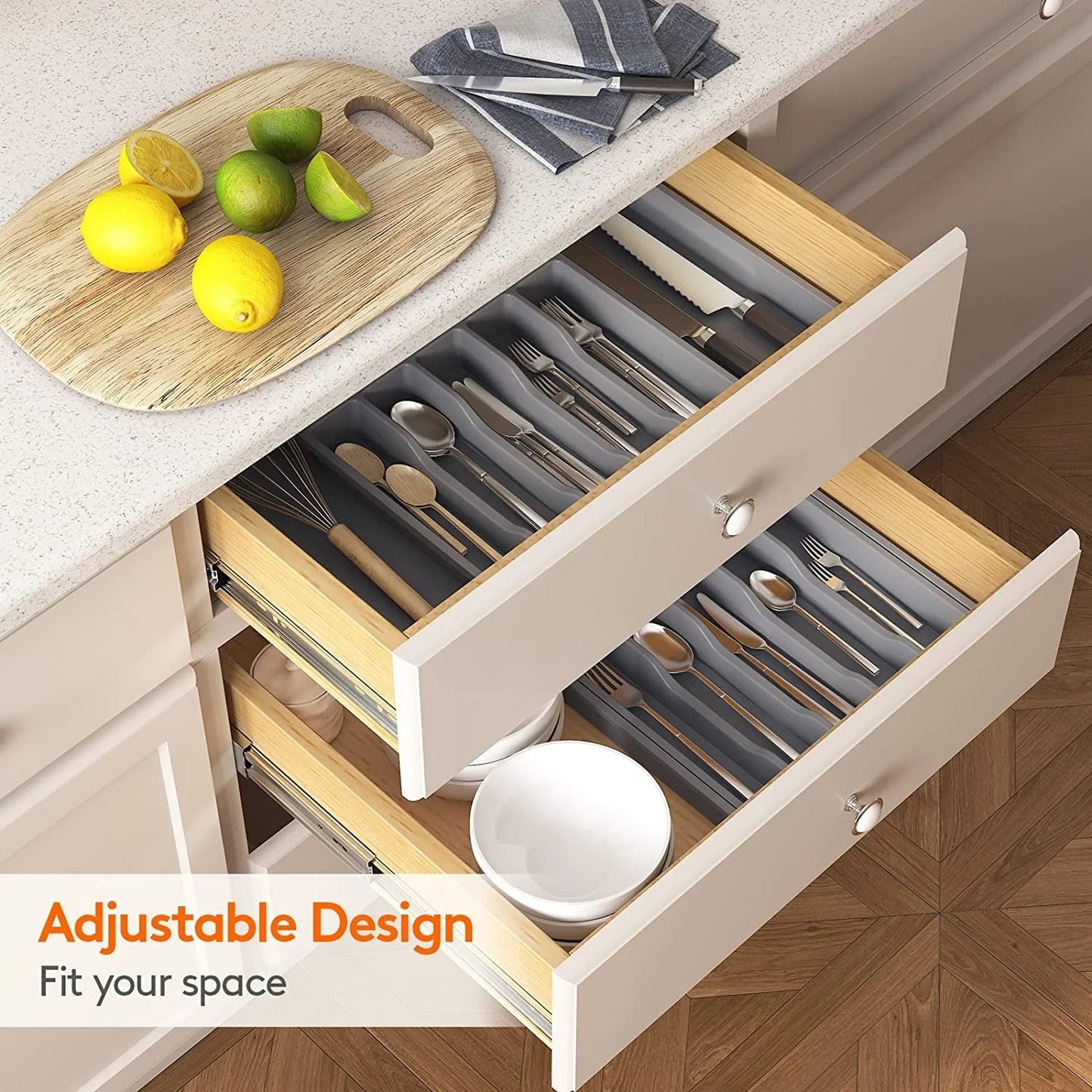 LunaLulinlk Silverware Drawer Organizer, Expandable Utensil Tray for Kitchen, Adjustable Flatware Grey