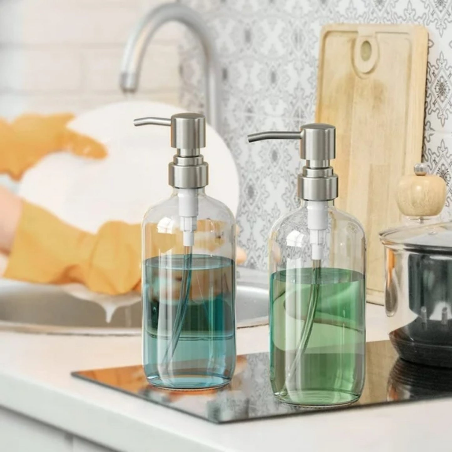 LunaLulinlk Soap Dispenser, 2 Pack Glass Soap Dispenser with Pump Stainless Steel, 17OZ Clear Soap Dispenser