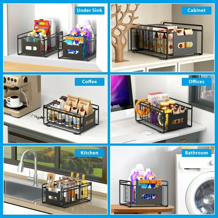 LunaLulinlk Simple Pull Out Cabinet Sliding Basket, 1-Tier Under Sink Organizer and Storage for Kitchen, Pantry, Bathroom, Black