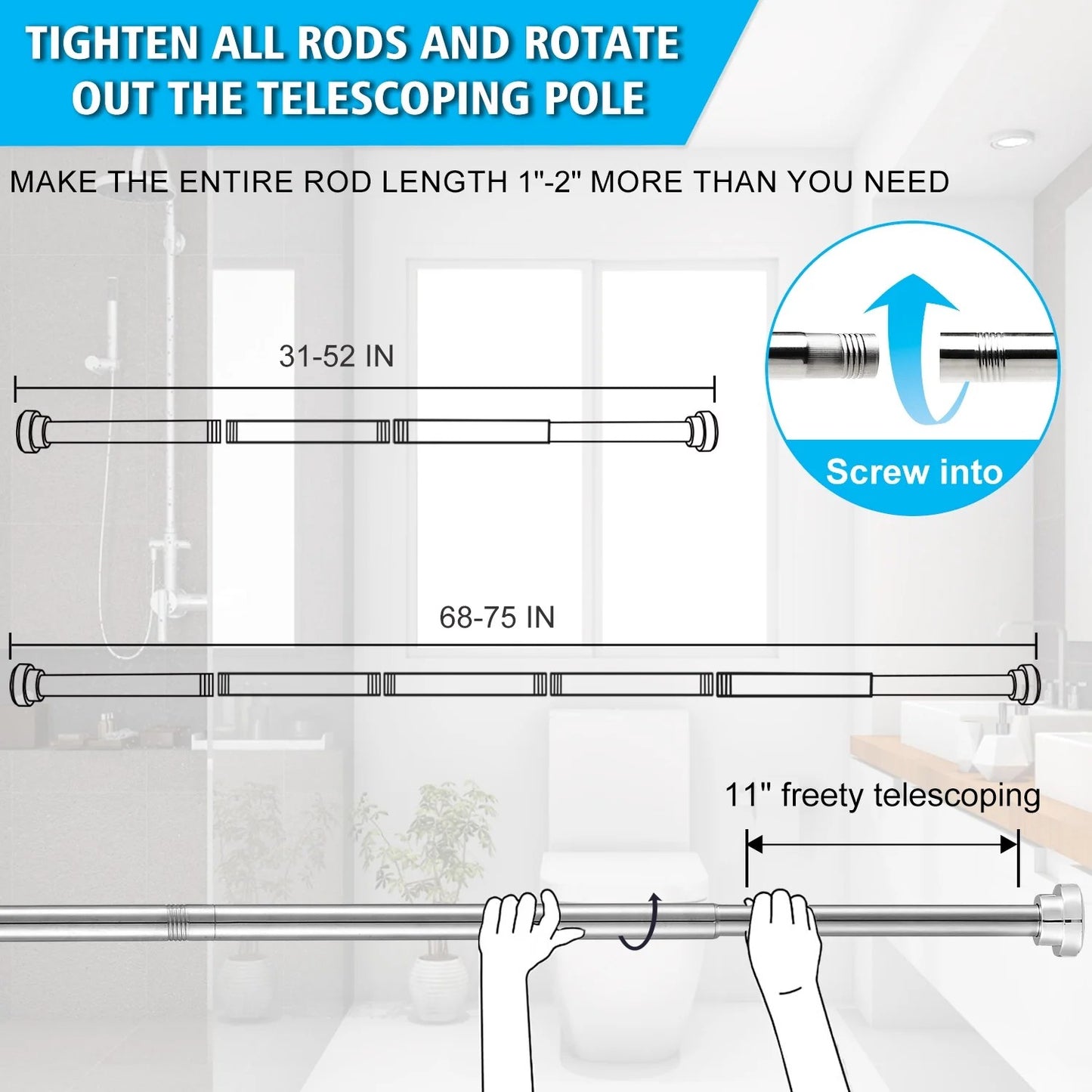 LunaLulinlk Swivel Shower Curtain Rod 31-50 inches Adjustable Silver Spring Tension Shower Rod
