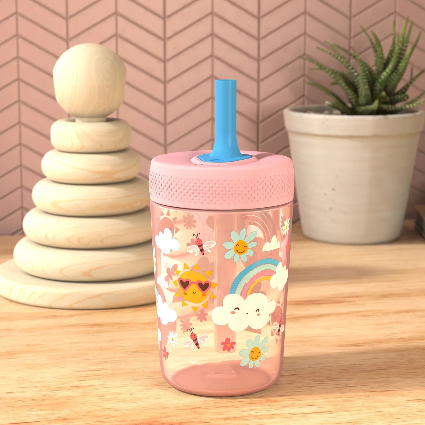 LunaLulinlk Tumbler, Soft Straw Tumbler for Toddlers, 12oz, Leak-Proof, Easy to Hold, Sunshine and Rainbows