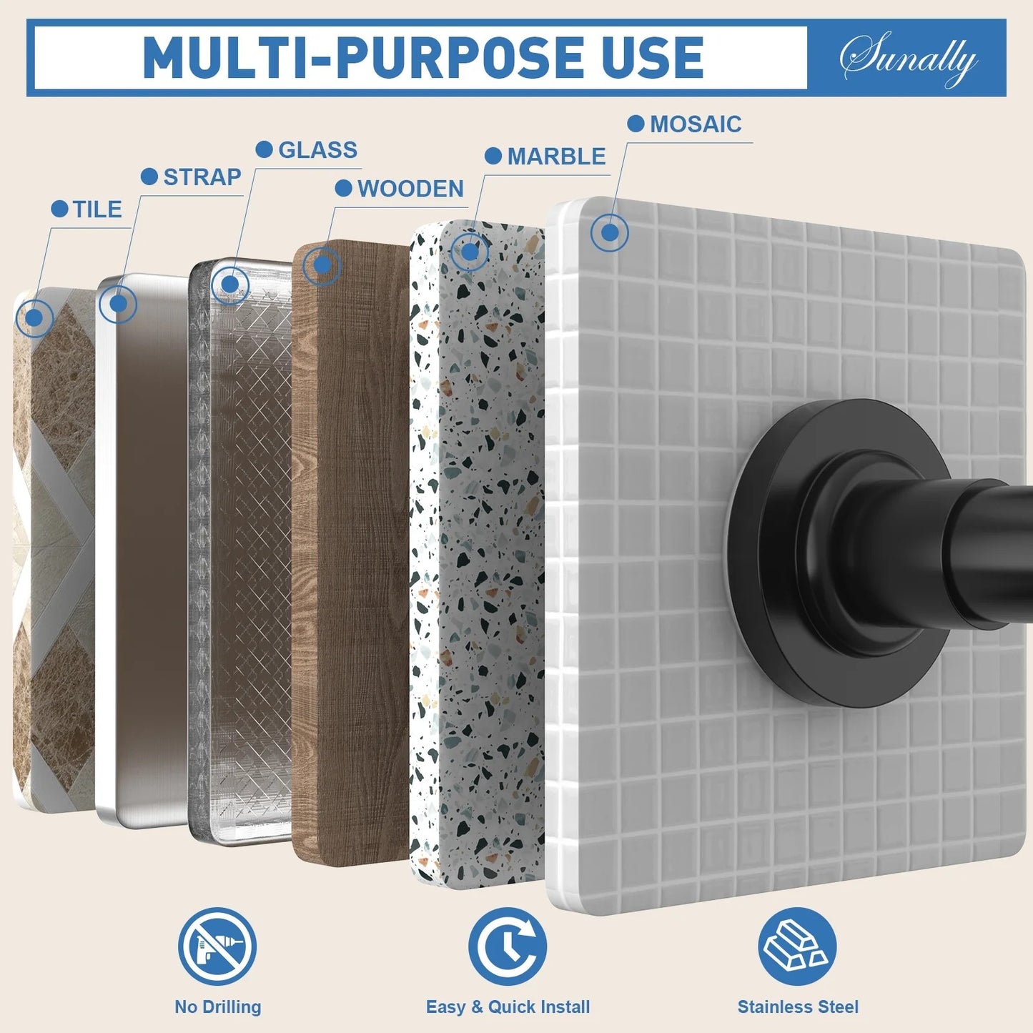 LunaLulinlk Shower Curtain Rod, Adjustable 32-61 inch Spring Tension Curtain Rods for Bathroom, No Drilling Rustproof Non-Slip Stainless Steel Rod, Black