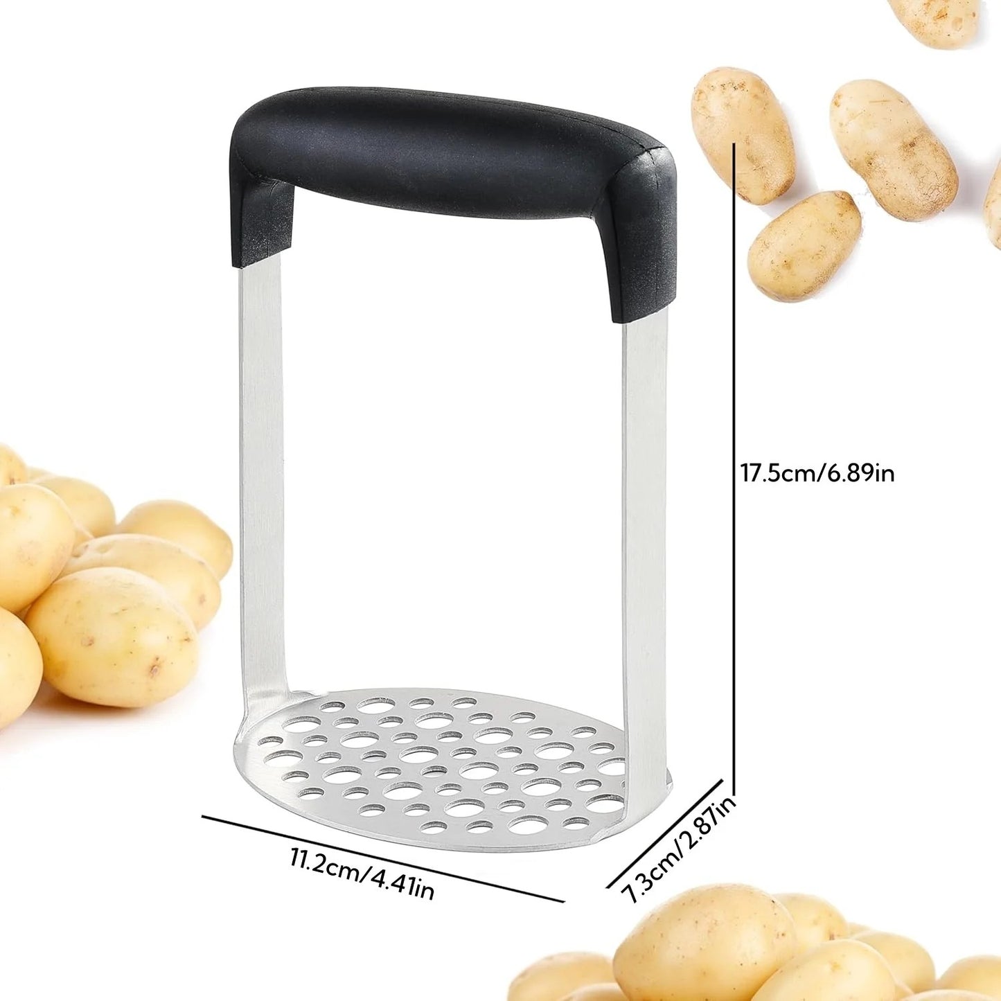 LunaLulinlk Stainless Steel Masher, Broad and Ergonomic Horizontal, Fine Plate for Smooth Mashed Potatoes, Soft Grip and Non-Slip Handle, Black