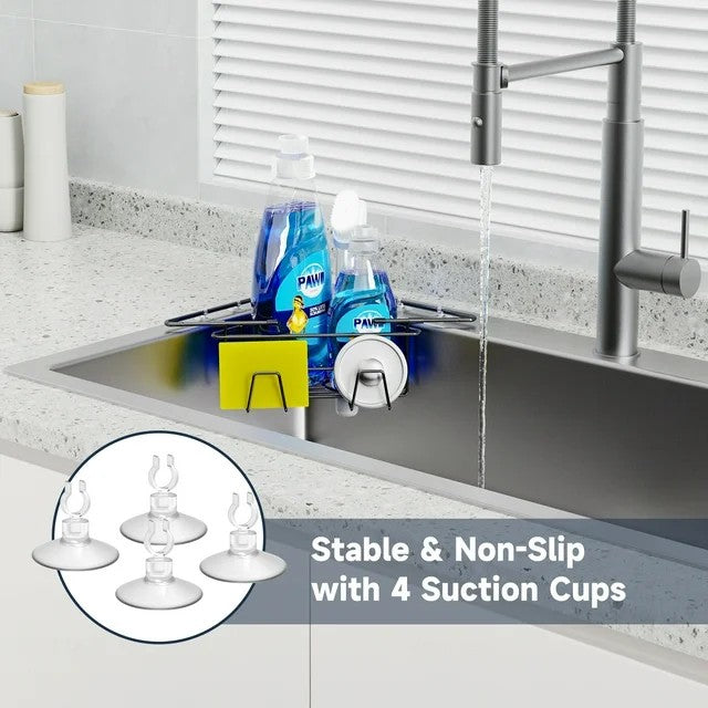 LunaLulinlk Space-Saving Adjustable Sponge Holder for All Sink Types, Non-Slip Rust-Resistant for Brushes, Soap, Sponges (Black)