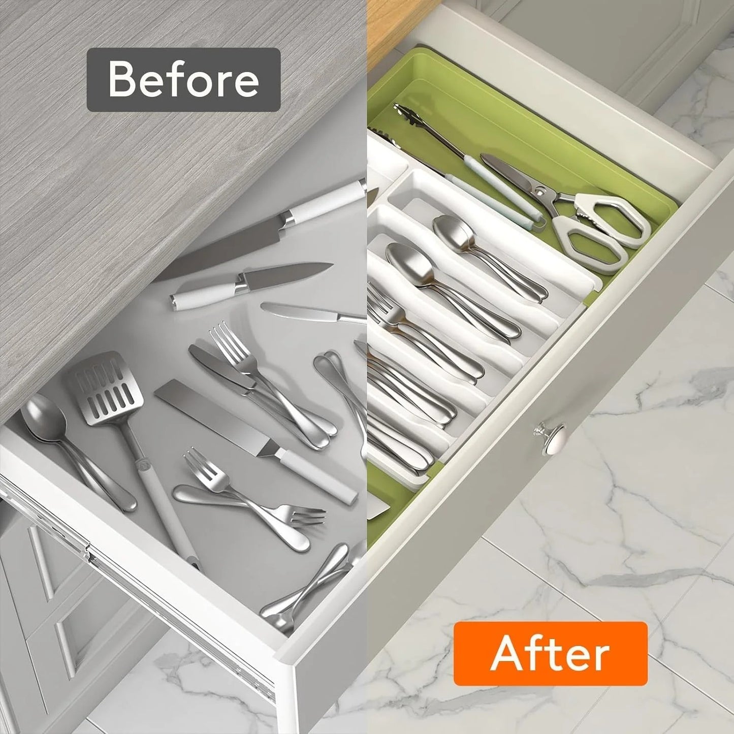 LunaLulinlk Silverware Drawer Organizer Expandable Utensil Tray Adjustable Flatware, Plastic, Green&White