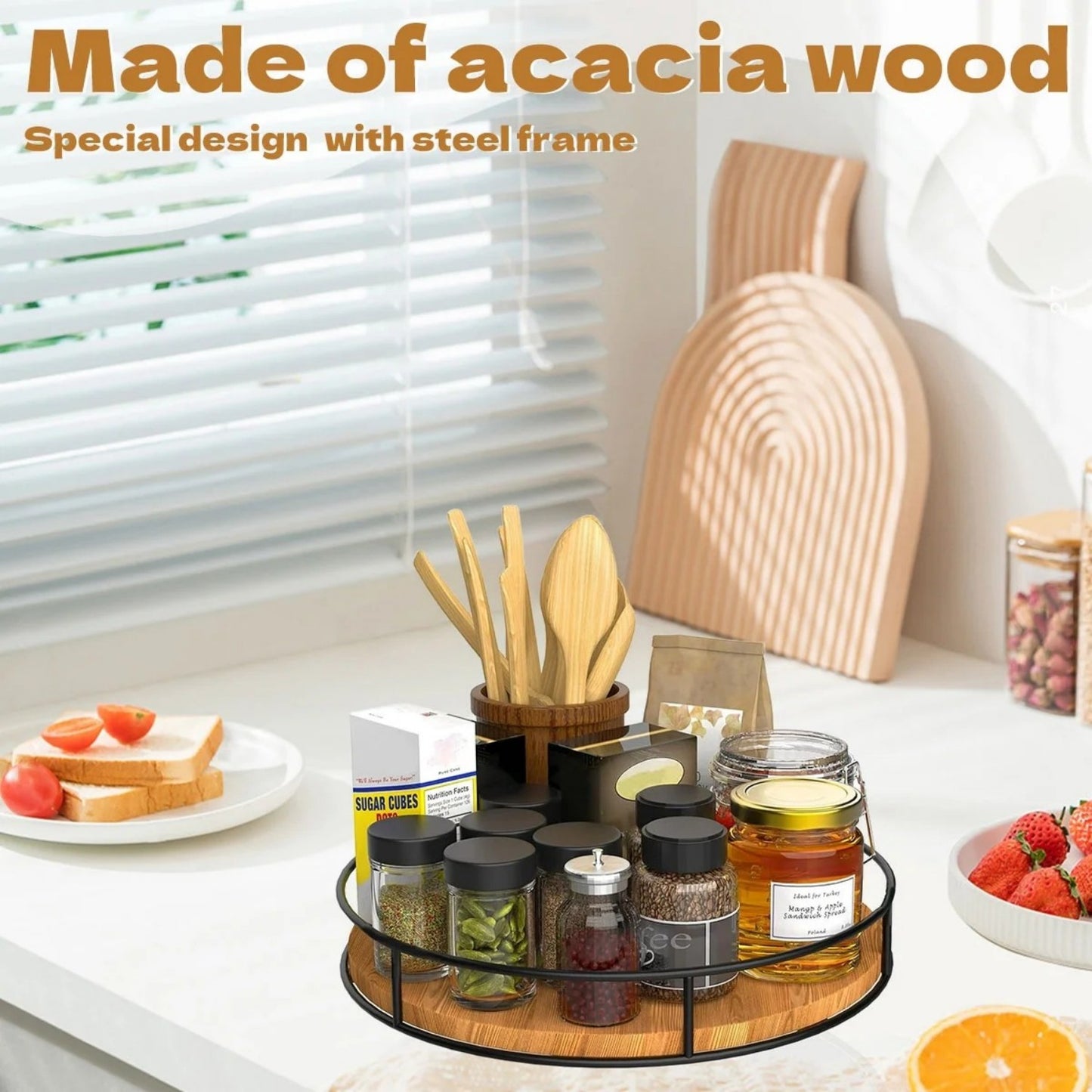 LunaLulinlk Wooden Lazy Susan Turntable 9" - Spice Organizer, Lazy Susan Organizer, Carbonized Black Pine Wood