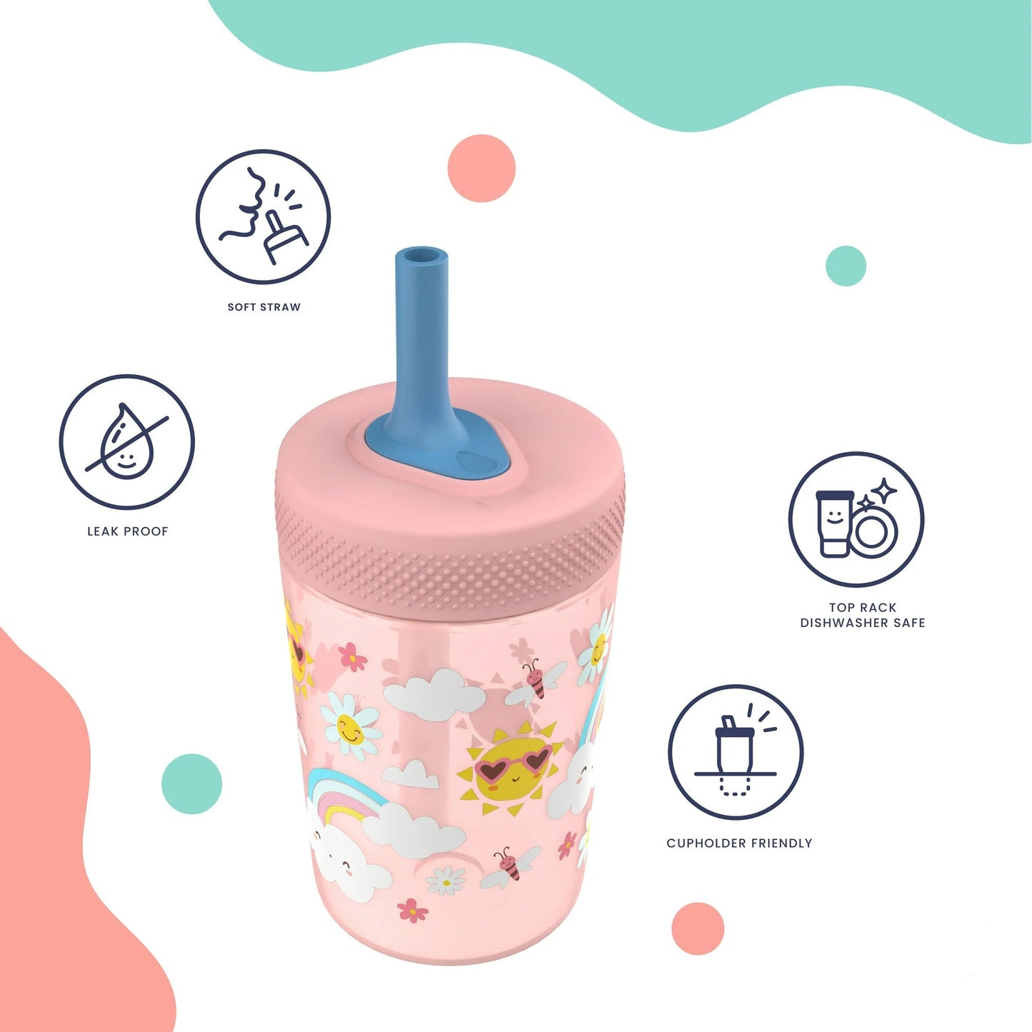 LunaLulinlk Tumbler, Soft Straw Tumbler for Toddlers, 12oz, Leak-Proof, Easy to Hold, Sunshine and Rainbows