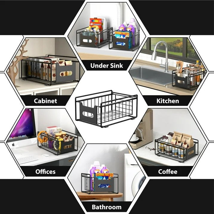 LunaLulinlk Simple Pull Out Cabinet Sliding Basket, 1-Tier Under Sink Organizer and Storage for Kitchen, Pantry, Bathroom, Black