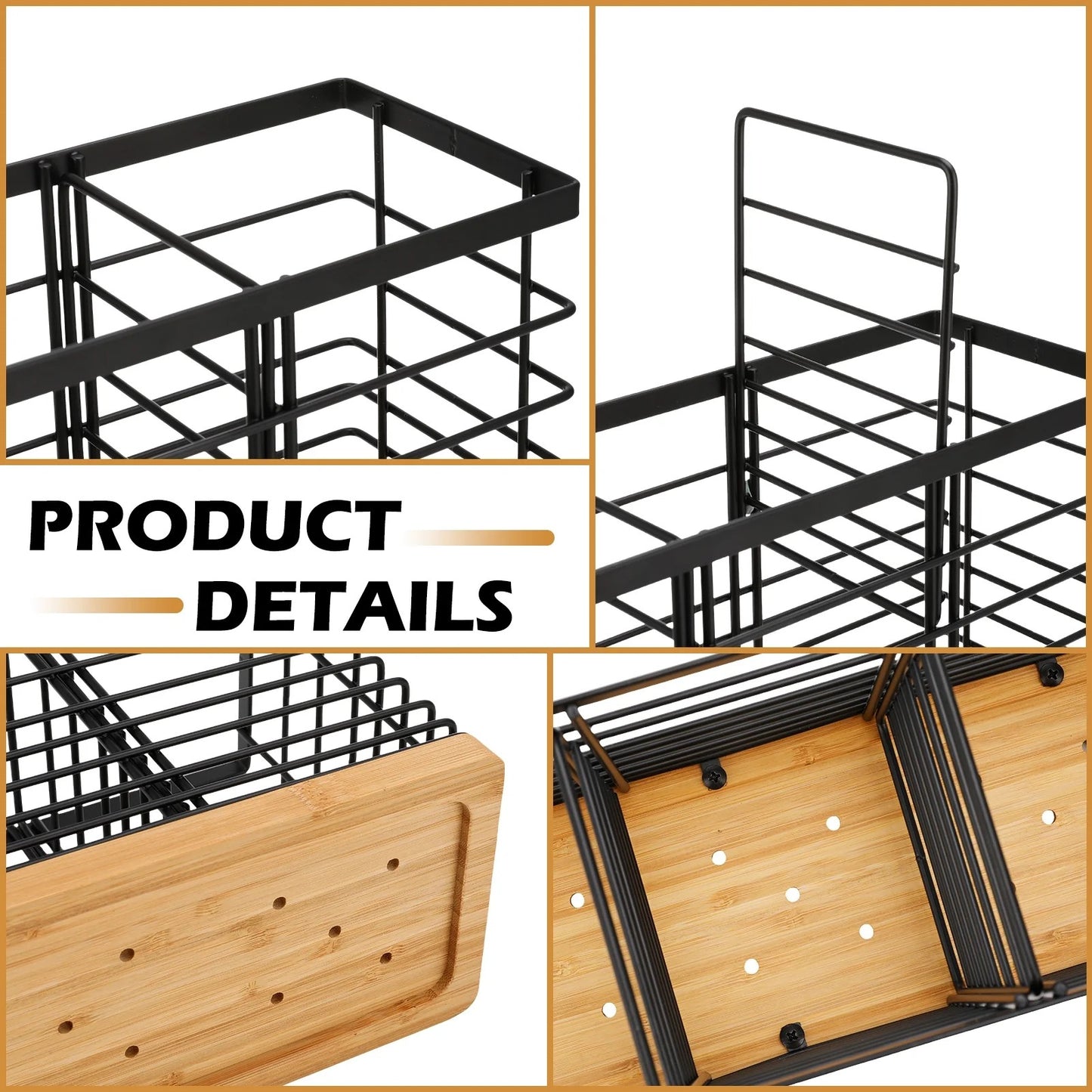 LunaLulinlk Utensil Holder for Kitchen Counter, 4 Compartments, Matte Black Metal Cooking Utensil Organizer with Wooden Base for Kitchen Countertop