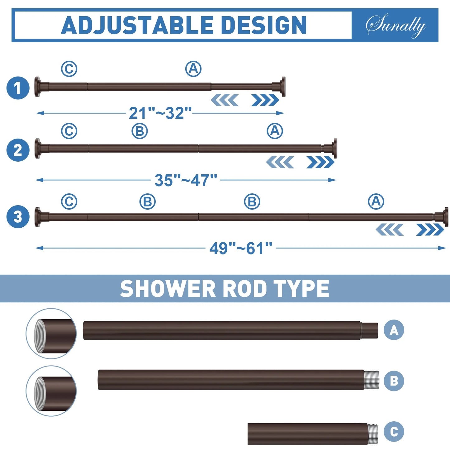 LunaLulinlk Shower Curtain Rod, Adjustable 32-61 Inch Spring Tension Shower Rods for Bathroom or Window