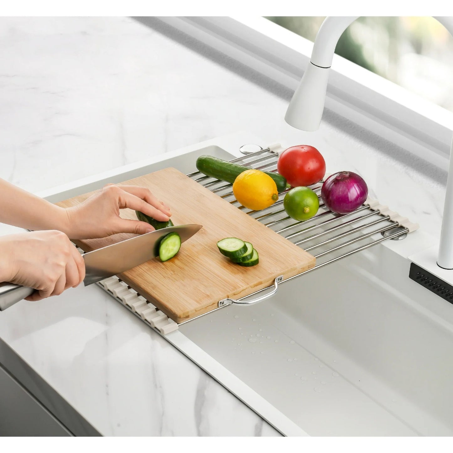 LunaLulinlk Stainless Steel Roll-Up Dish Drying Rack Marble Color Silicone Edges, Foldable Kitchen Rack Heat Resistant Trivet (17.7"x12.5"),White
