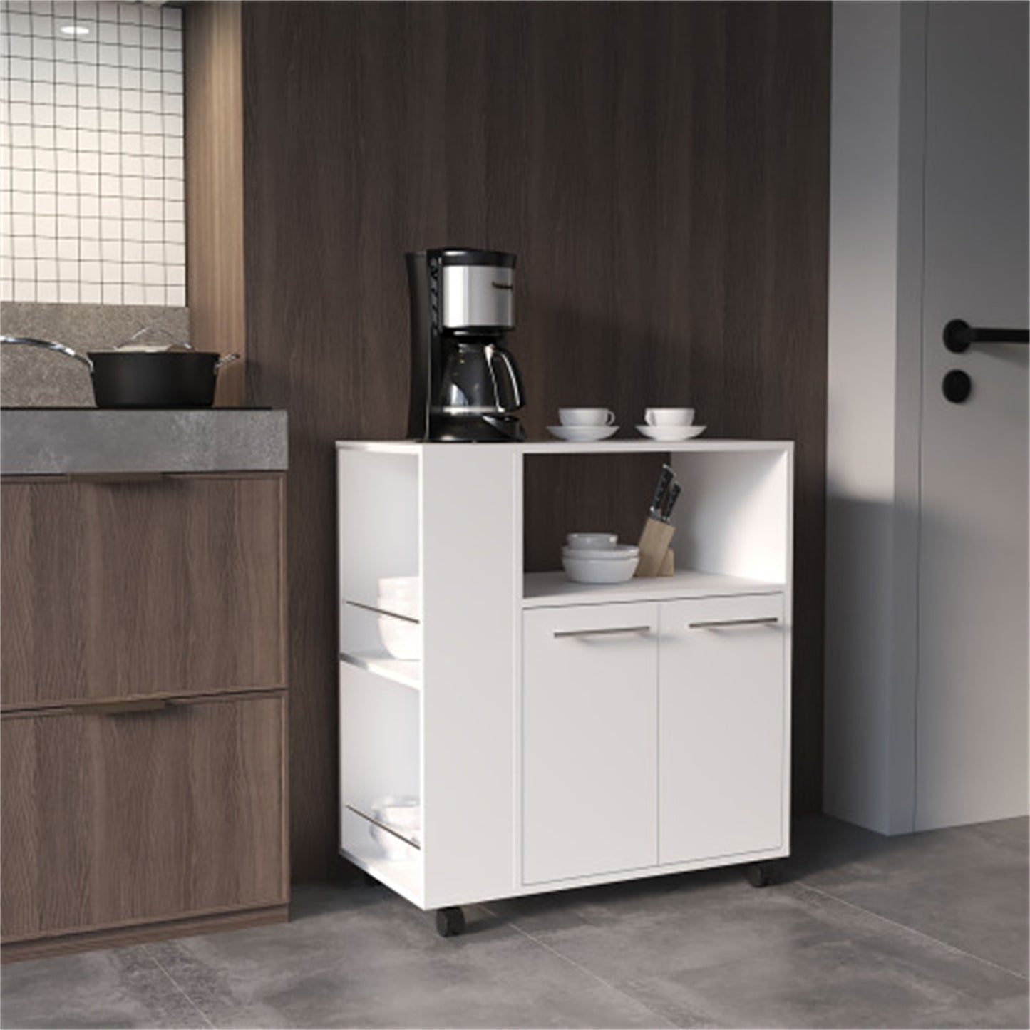 LunaLulinlk Two-Door Kitchen Base Cabinet Cart with four Shelves, Side Shelves, Cabinet, Kitchen Storage White