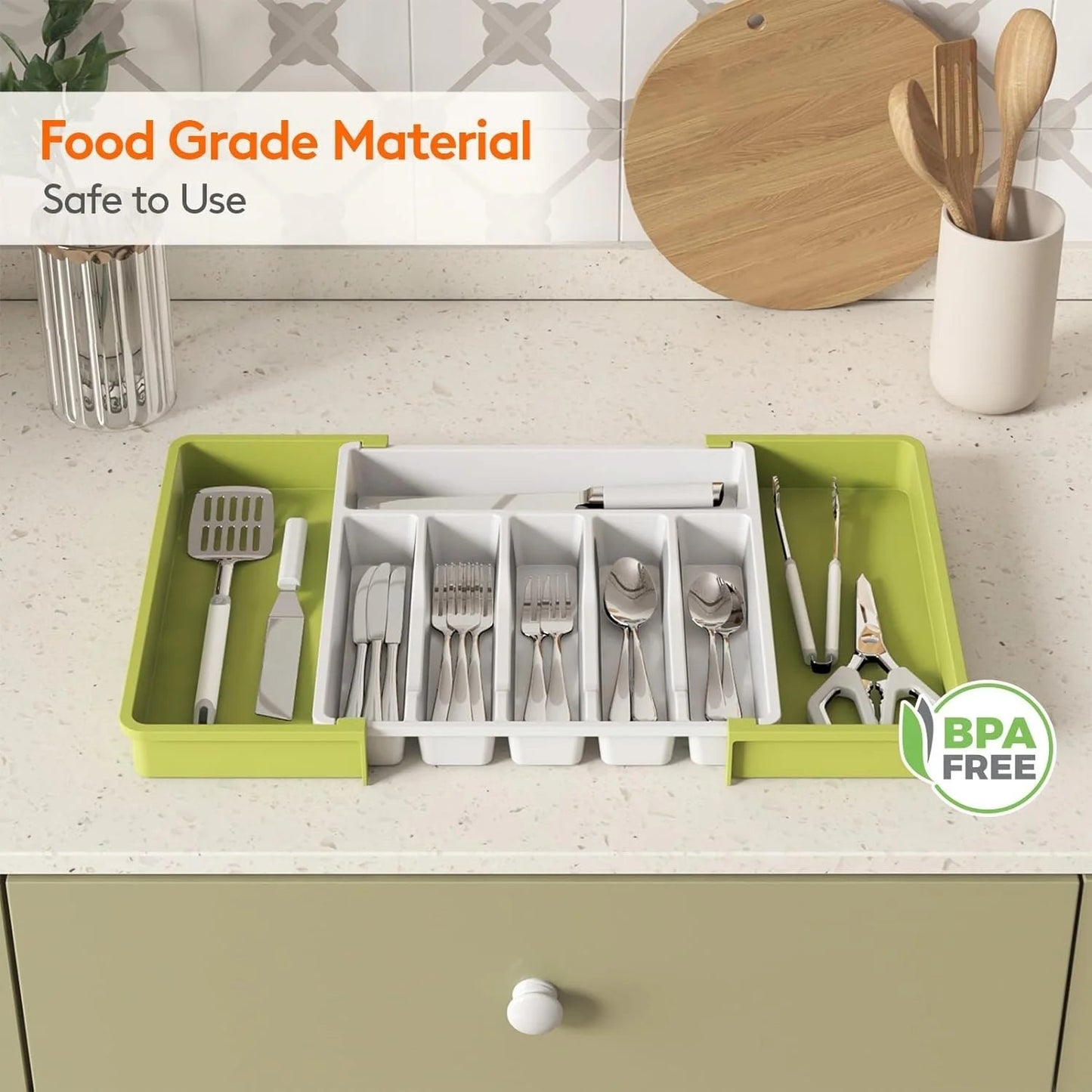 LunaLulinlk Silverware Drawer Organizer Expandable Utensil Tray Adjustable Flatware, Plastic, Green&White