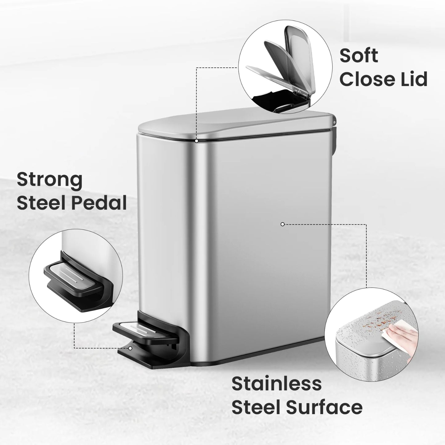 LunaLulinlk Silver 1.6 Gallon Small Bathroom Trash Can, Stainless Steel Trash Can with Lid