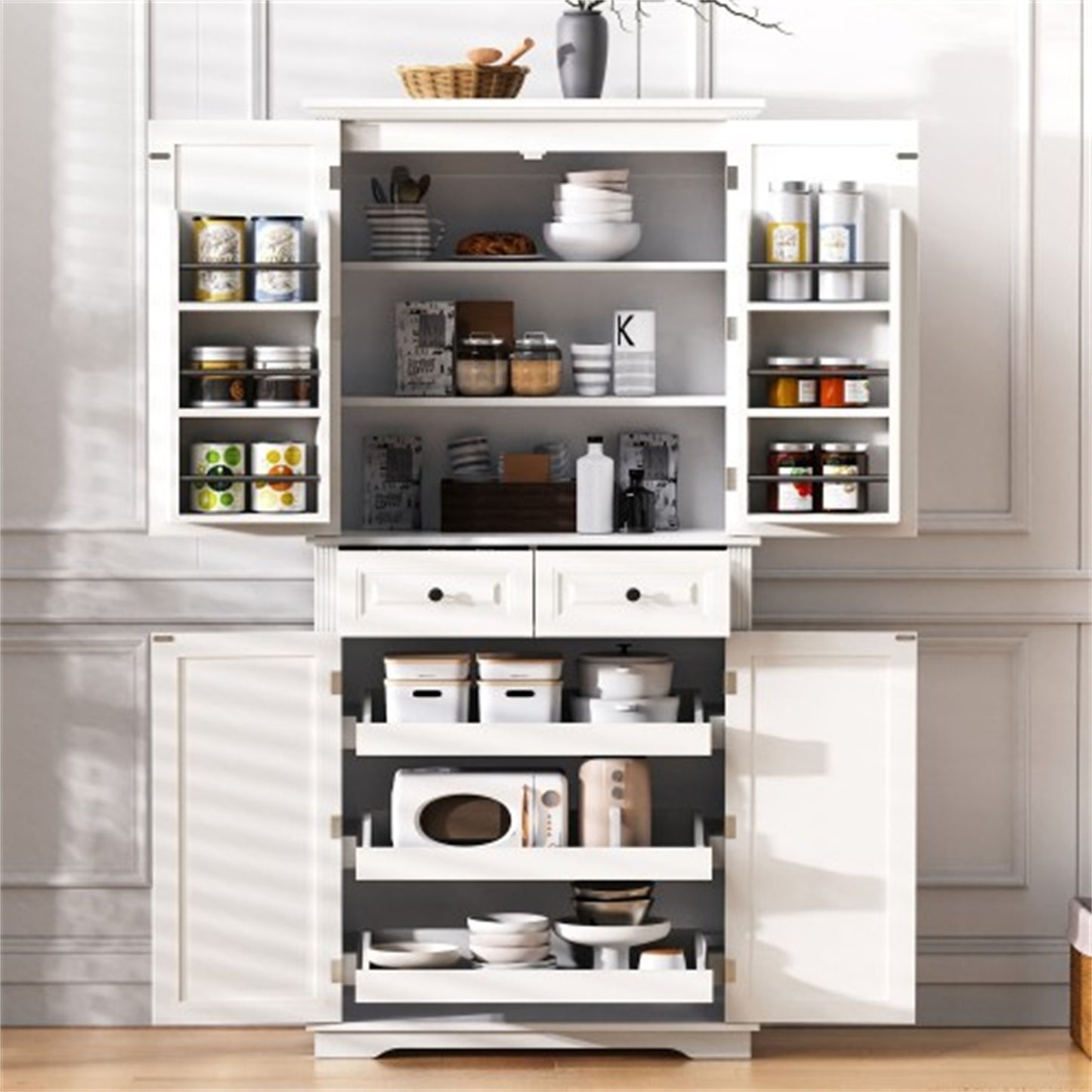 "LunaLulinlk 71"" Tall Kitchen Pantry Cabinet with 3 Pull Out Cabinet Organizers, Farmhouse Embossed Texture Storage Cabinet "