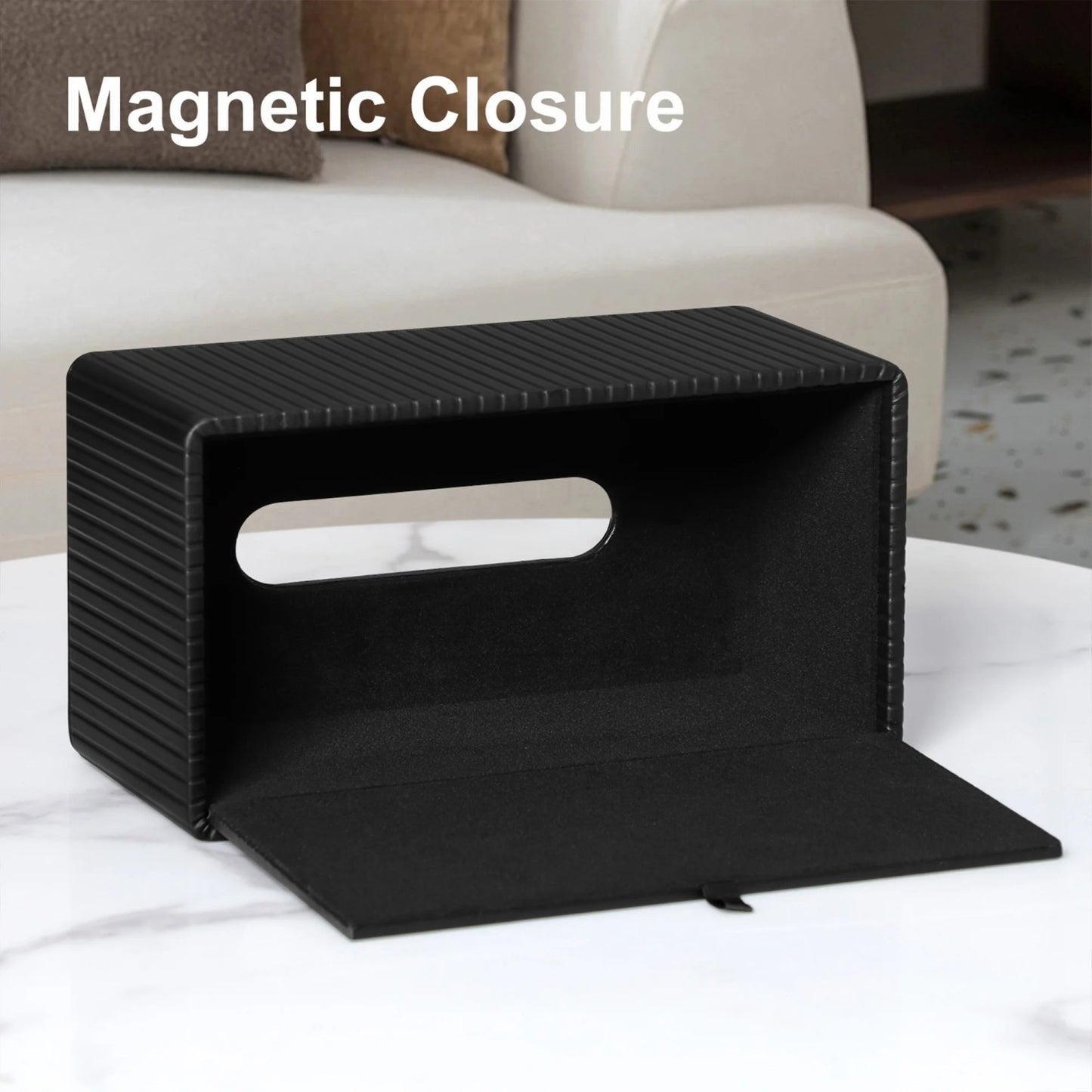 LunaLulinlk Stylish PU Leather Rectangular Tissue Box Holder with Magnetic Bottom Cover for Bedroom or Office (in Black Stria)