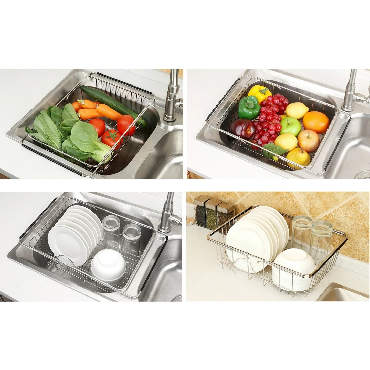 LunaLulinlk Stainless Steel Dish Drainer Plate Rack, Extendable Dish Drying Rack Basket for Fruits Vegetables Pots Bowls Plates and Kitchen Utensils