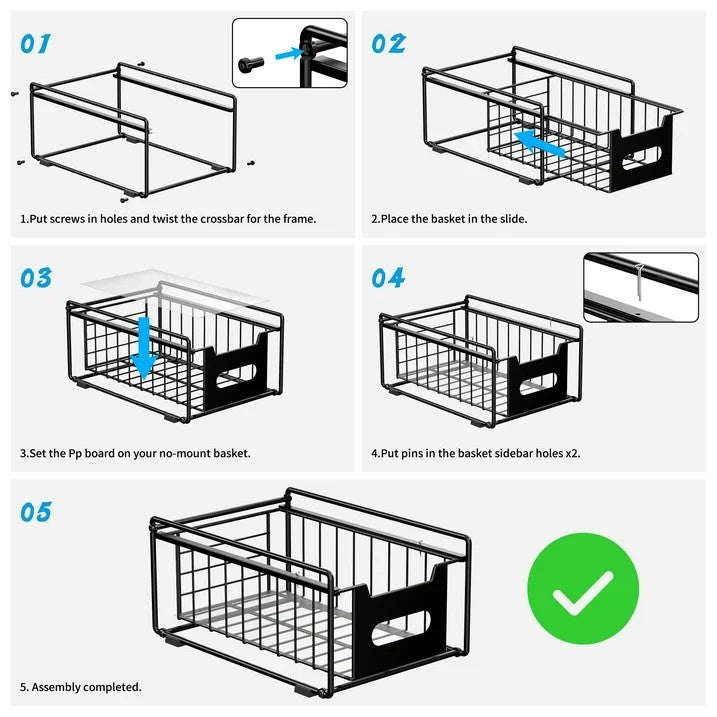 LunaLulinlk Simple Pull Out Cabinet Sliding Basket, 1-Tier Under Sink Organizer and Storage for Kitchen, Pantry, Bathroom, Black