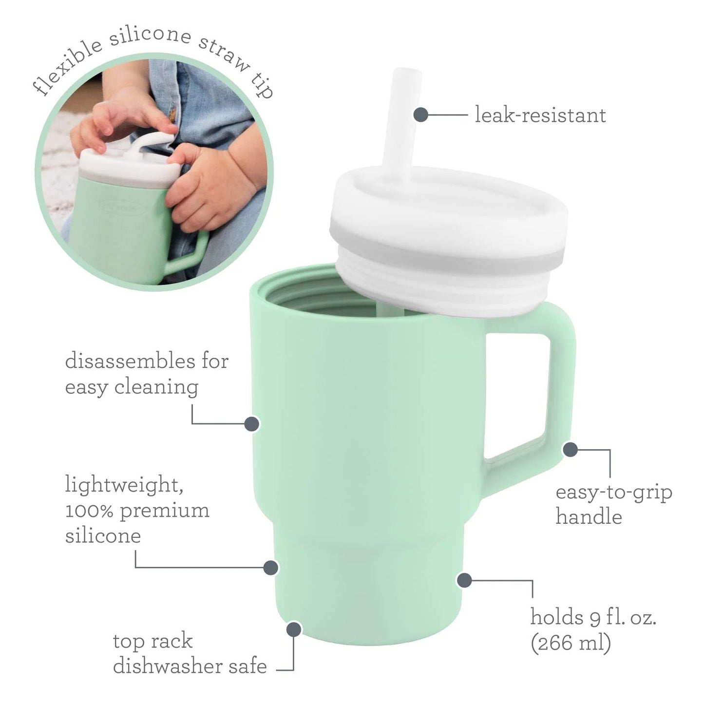 LunaLulinlk Tumbler – Adorable 9 oz. Training Cup with Toddler-Friendly Straw and Handle, Cool Mint