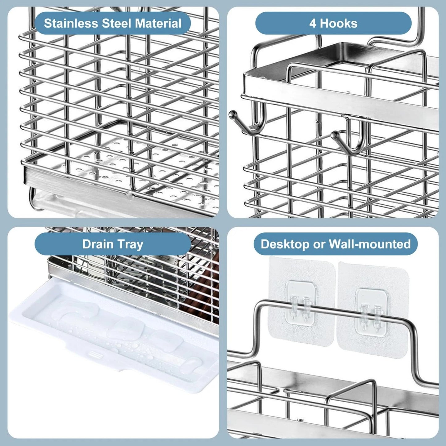 LunaLulinlk Utensil Holder for Kitchen Counter, Stainless Steel Utensil Drying Rack for Countertop with 3 Compartments, Drain Tray