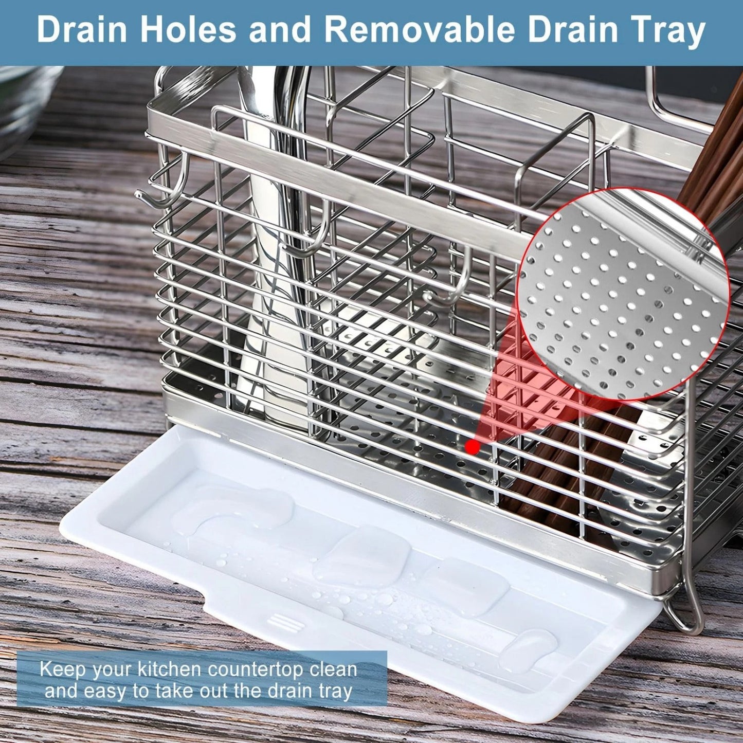 LunaLulinlk Utensil Holder for Kitchen Counter, Stainless Steel Utensil Drying Rack for Countertop with 3 Compartments, Drain Tray