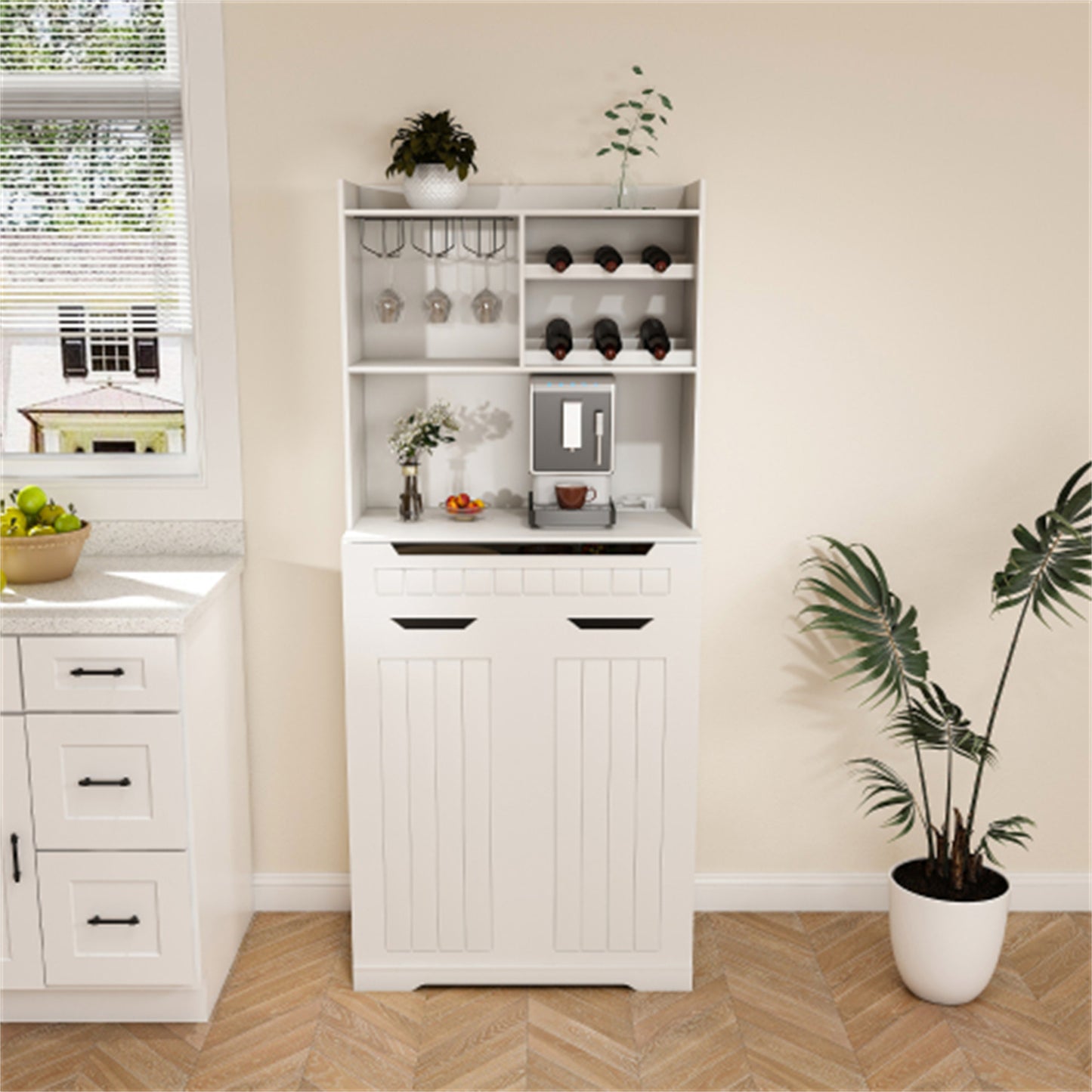 LunaLulinlk White Buffet Cabinet with Hutch - Modern Farmhouse Kitchen Storage Sideboard, Coffee Bar Station or Liquor