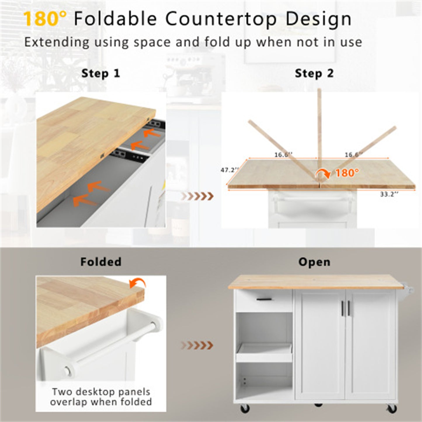 "LunaLulinlk Kitchen Island with Foldable Counter Top, Kitchen Storage Cart with Slide-Out Shelf, Towel Rack and Drawer "