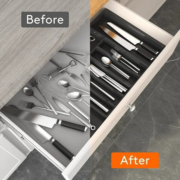 LunaLulinlk Silverware Drawer Organizer Expandable Utensil Tray Adjustable Flatware, Plastic, Black