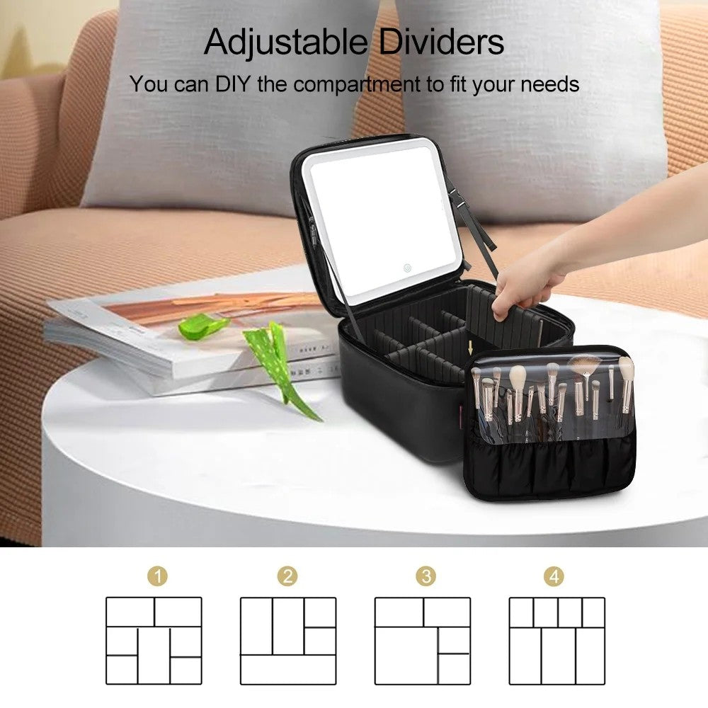 LunaLulinlk Makeup Bag, Travel Makeup Bag with LED Mirror, Portable Makeup Case with Adjustable Dividers, Black