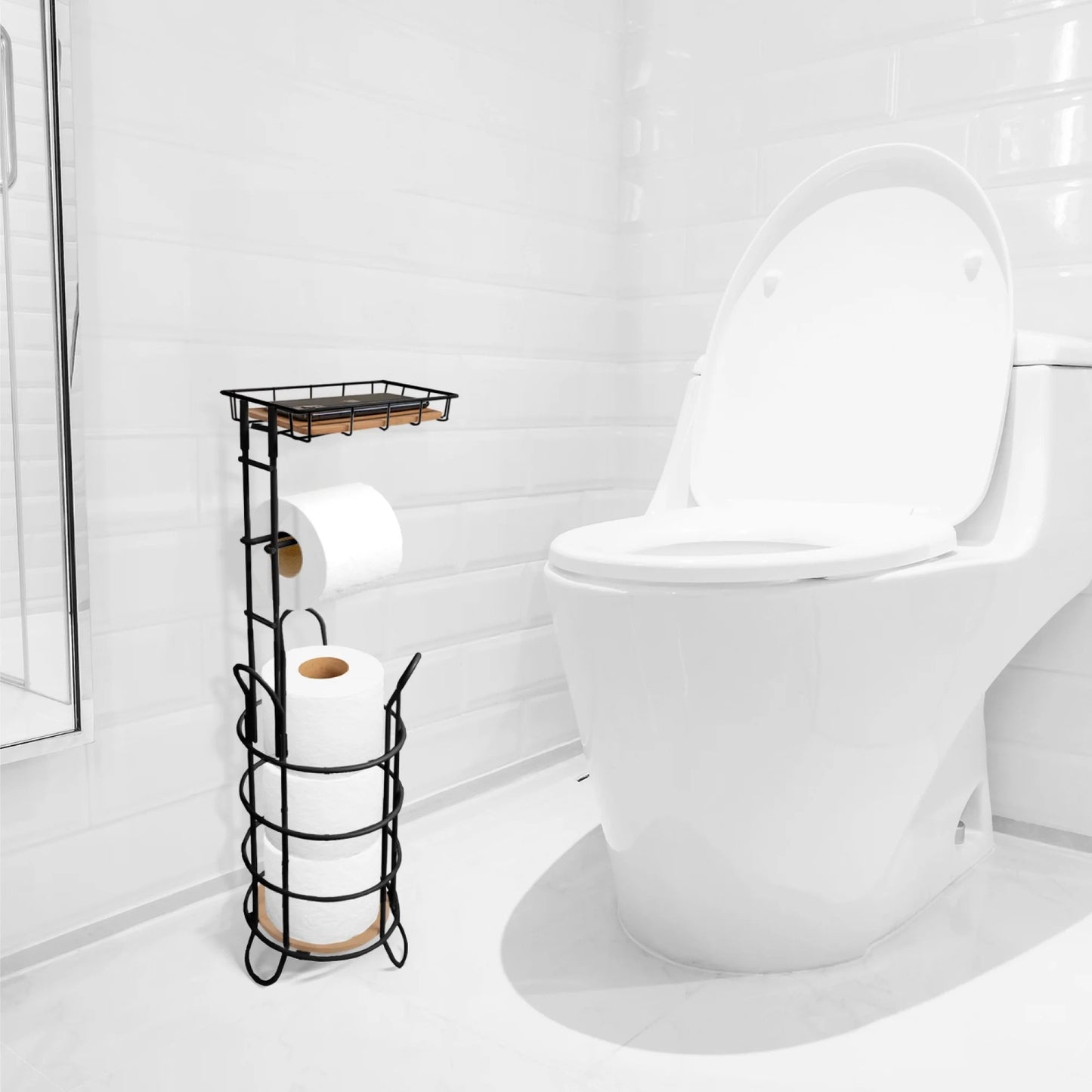 LunaLulinlk Toilet Paper Holder Stand with Bamboo Shelf Bathroom Decor, Black