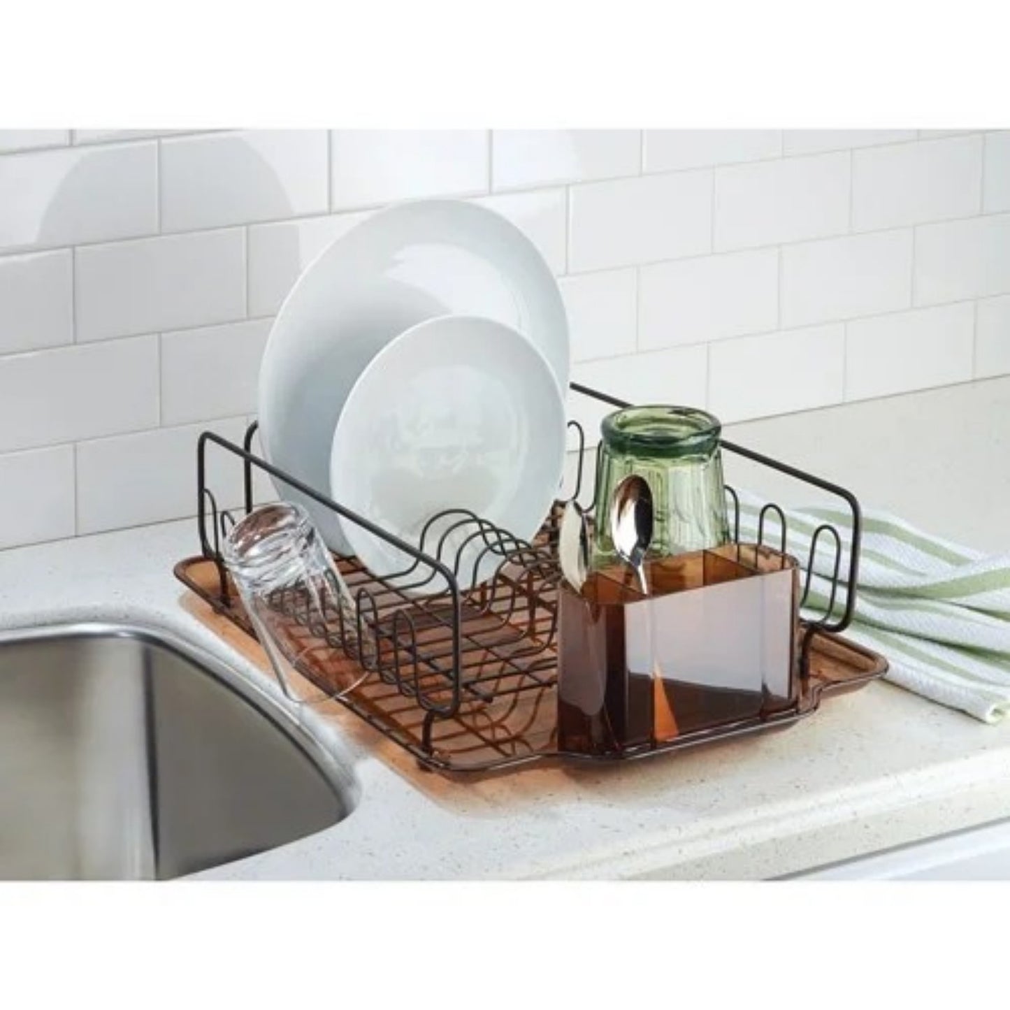 LunaLulinlk Stainless Steel Metal Sink Dish Drainer Rack with Plastic Tray Kitchen Drying Rack, Amber/Bronze