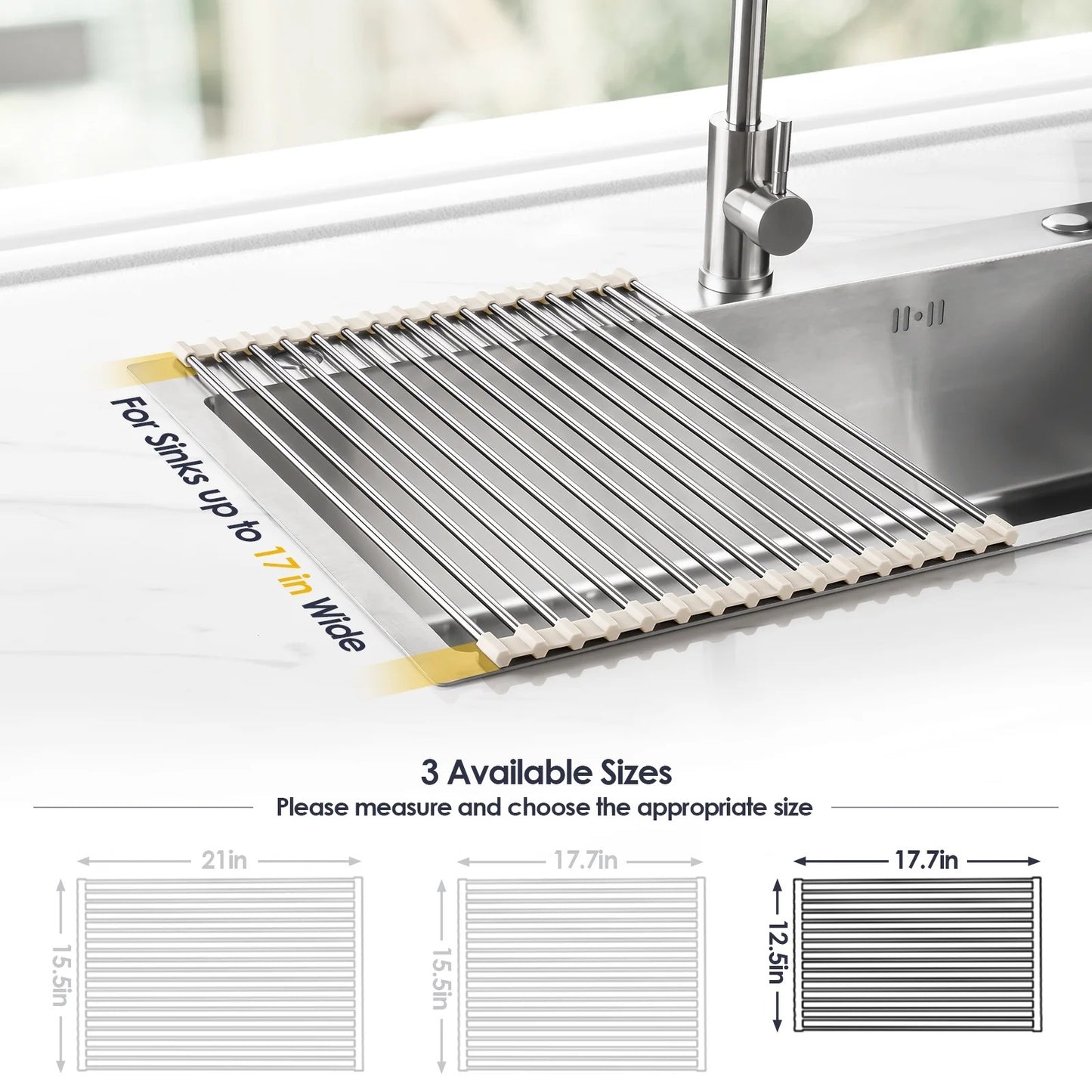 LunaLulinlk Stainless Steel Roll-Up Dish Drying Rack Marble Color Silicone Edges, Foldable Kitchen Rack Heat Resistant Trivet (17.7"x12.5"),White