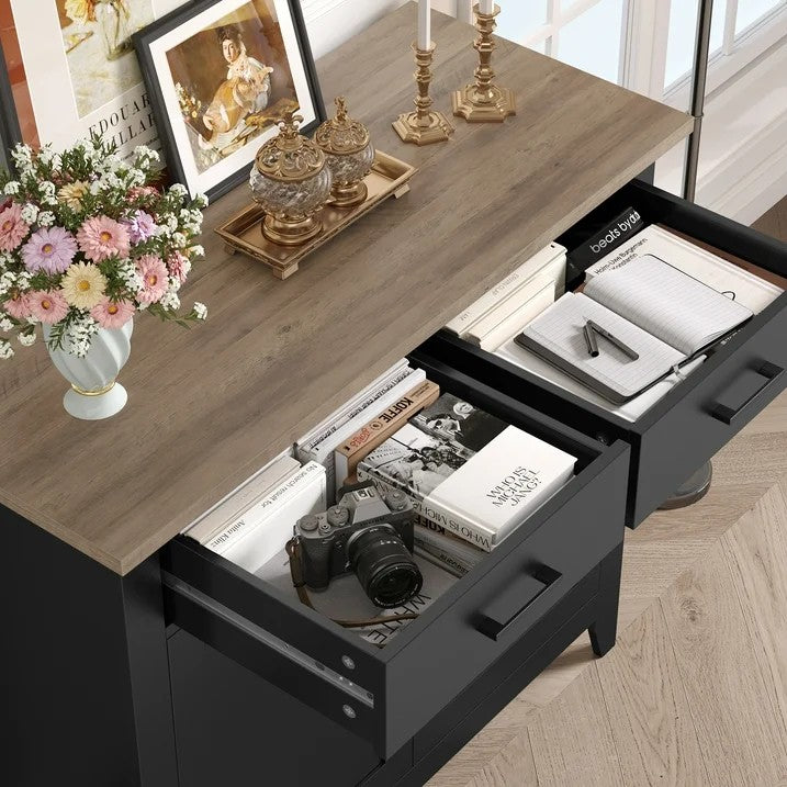 LunaLulinlk Storage Cabinet with 2 Drawers and 2 Doors, Wood Accent Cabinet for Living Room,Kitchen, Black
