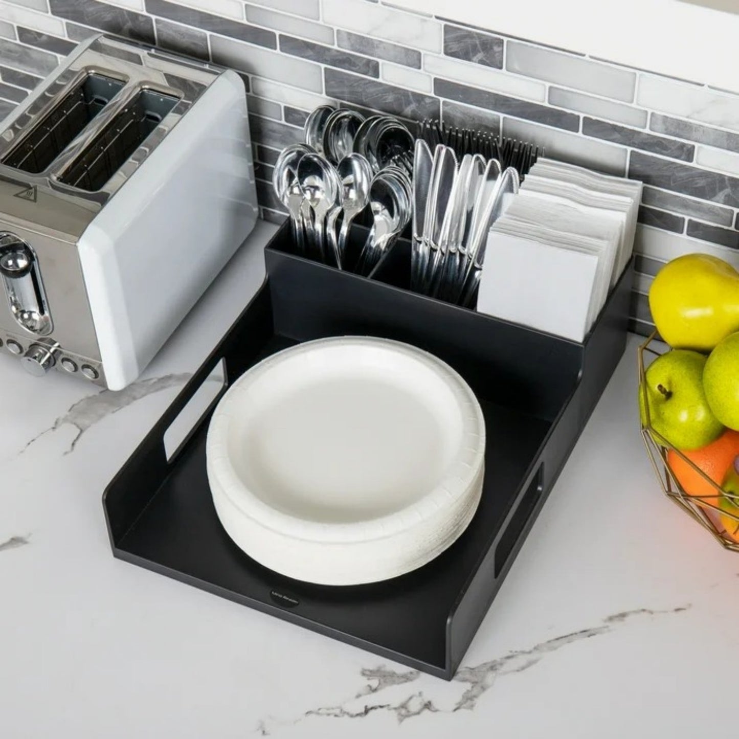 LunaLulinlk Utensil Napkin and Plate Holder, Silverware Organizer, Serving Tray, Plastic, Black