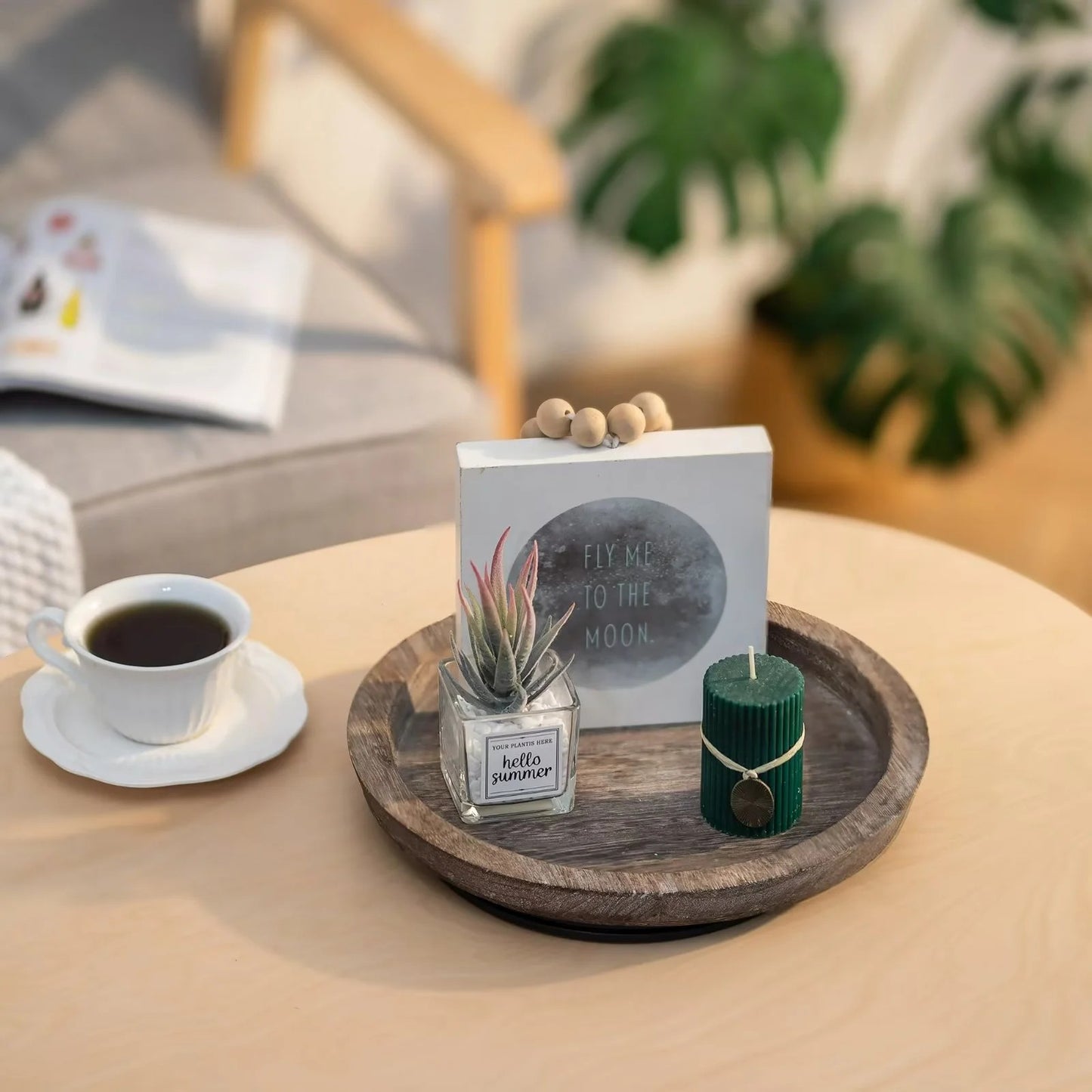 LunaLulinlk Turntable Wood Lazy Susan Organizer For Table Top, Decorative Round Candle Holder Trays for Kitchen Countertop