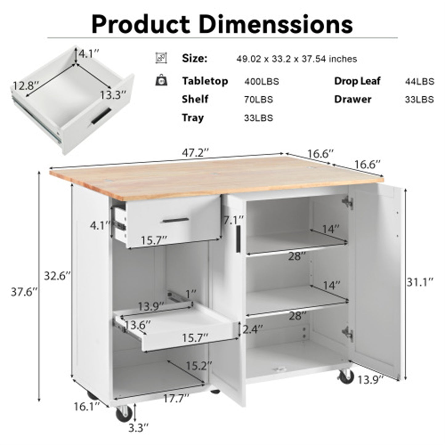 "LunaLulinlk Kitchen Island with Foldable Counter Top, Kitchen Storage Cart with Slide-Out Shelf, Towel Rack and Drawer "